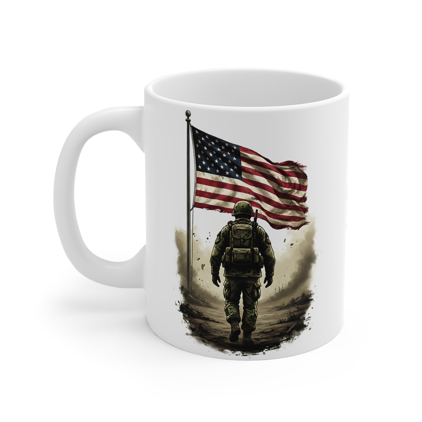 Personalized Veteran Memorial Mug — Soldier Walking with American Flag