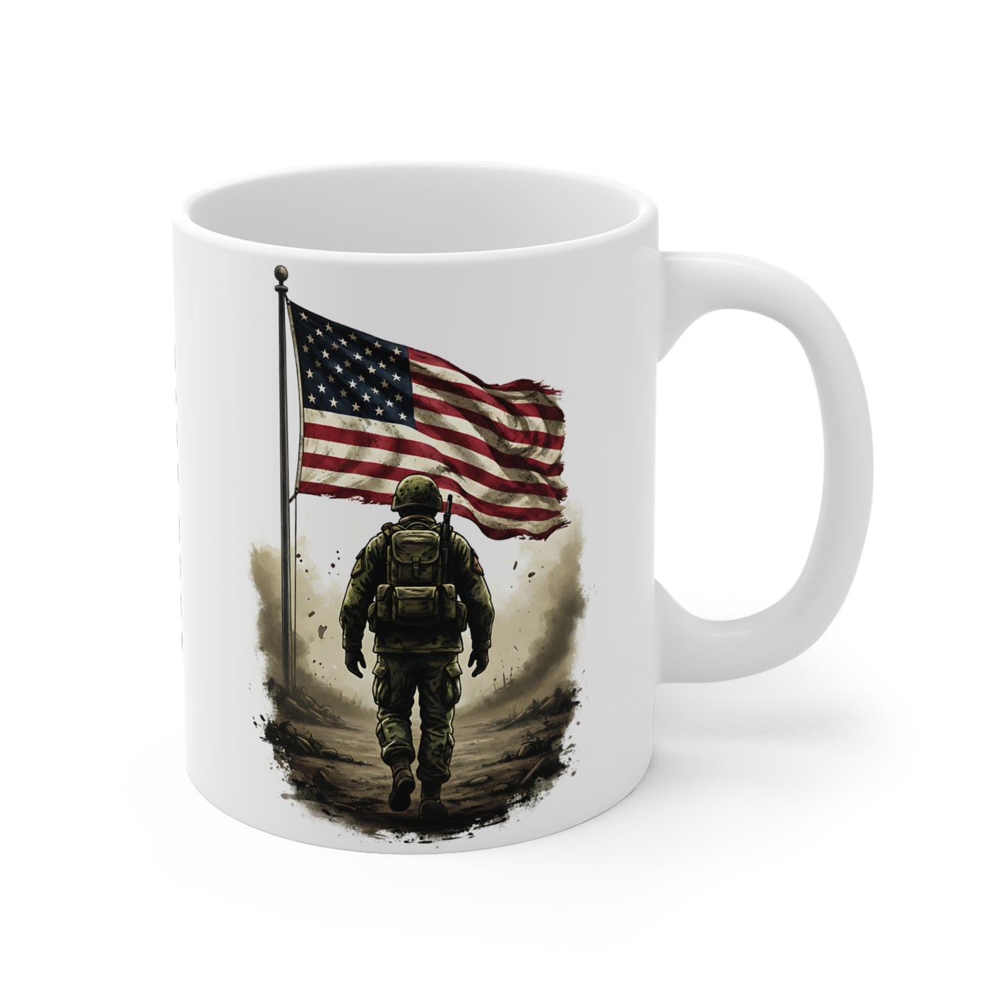 Personalized Veteran Memorial Mug — Soldier Walking with American Flag