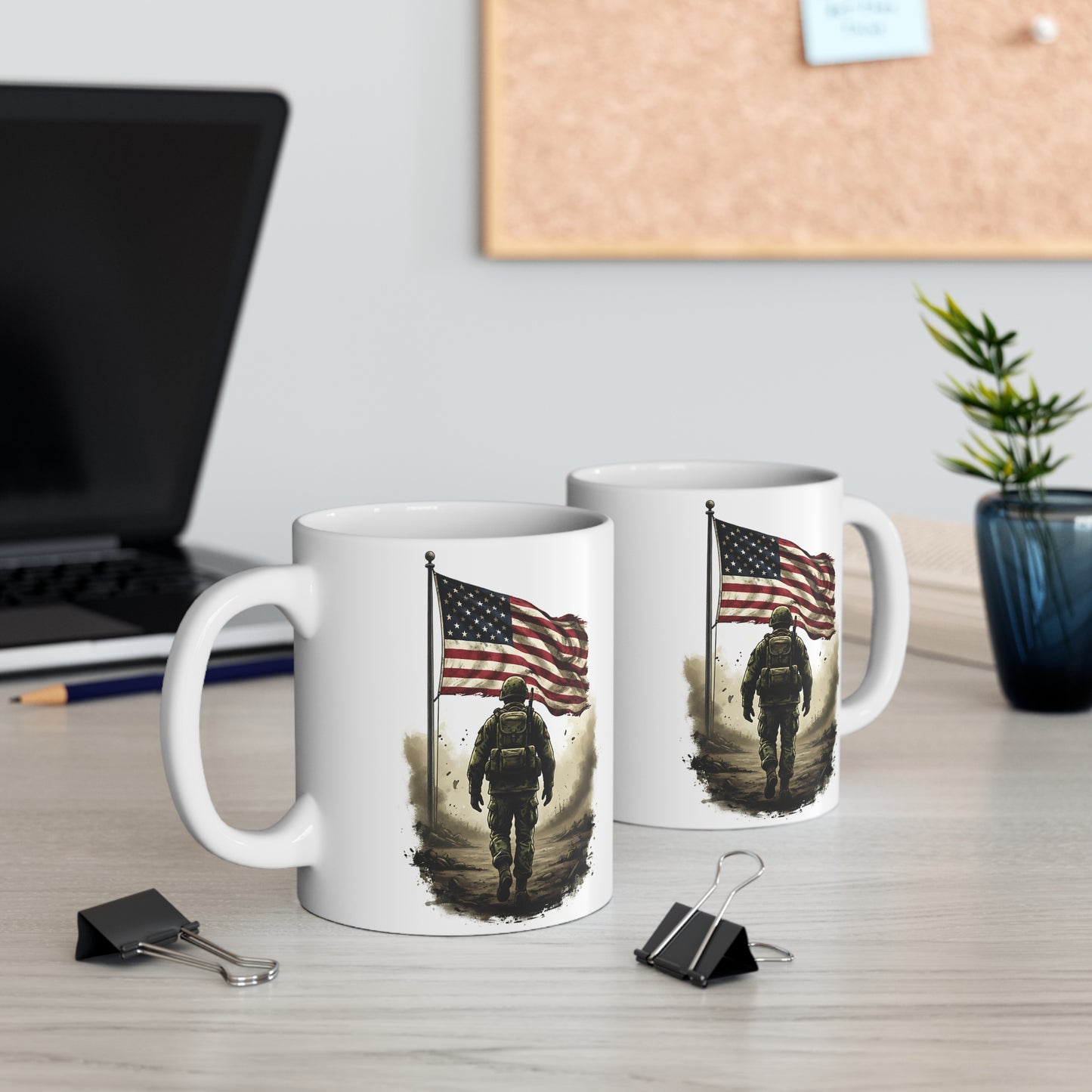 Personalized Veteran Memorial Mug — Soldier Walking with American Flag