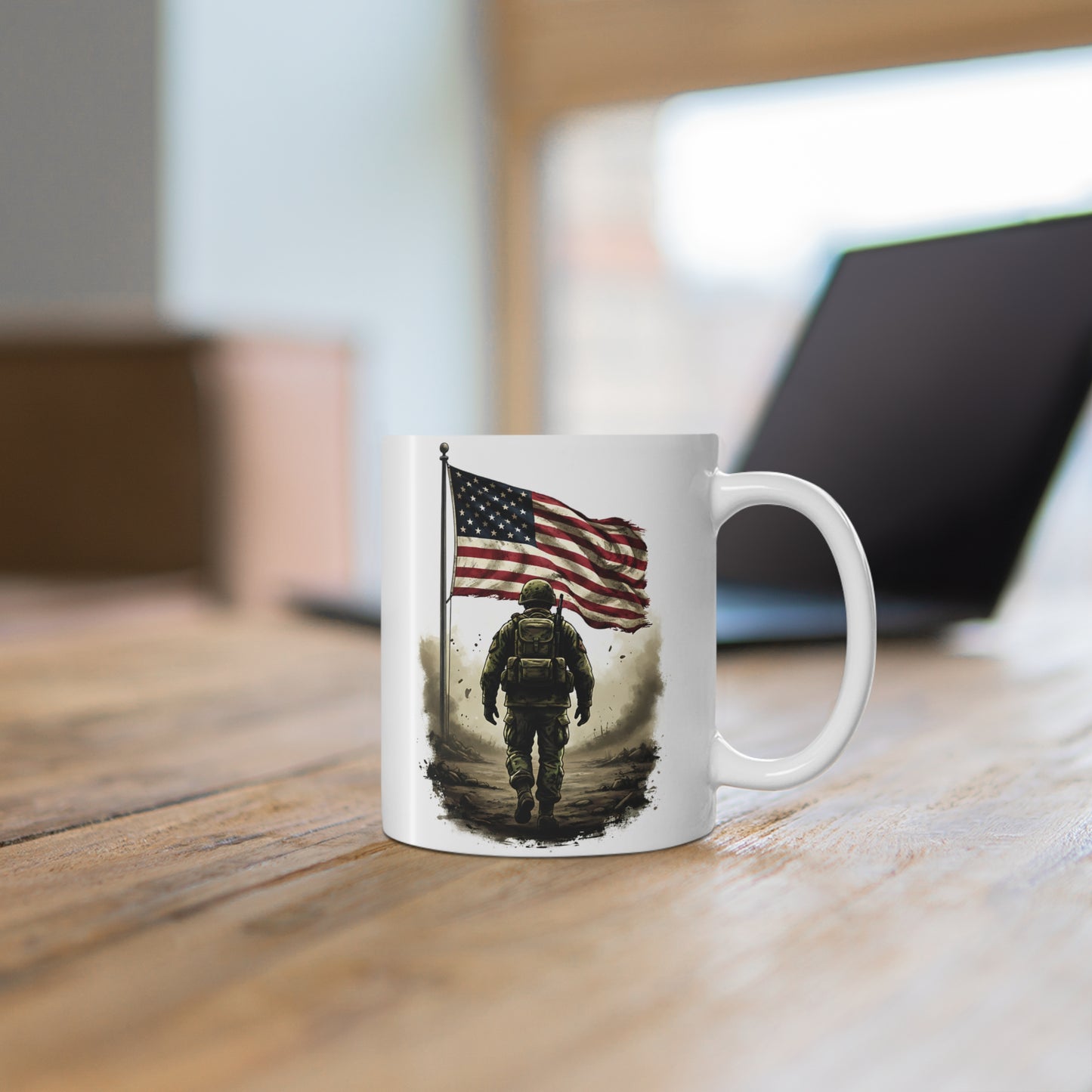 Personalized Veteran Memorial Mug — Soldier Walking with American Flag