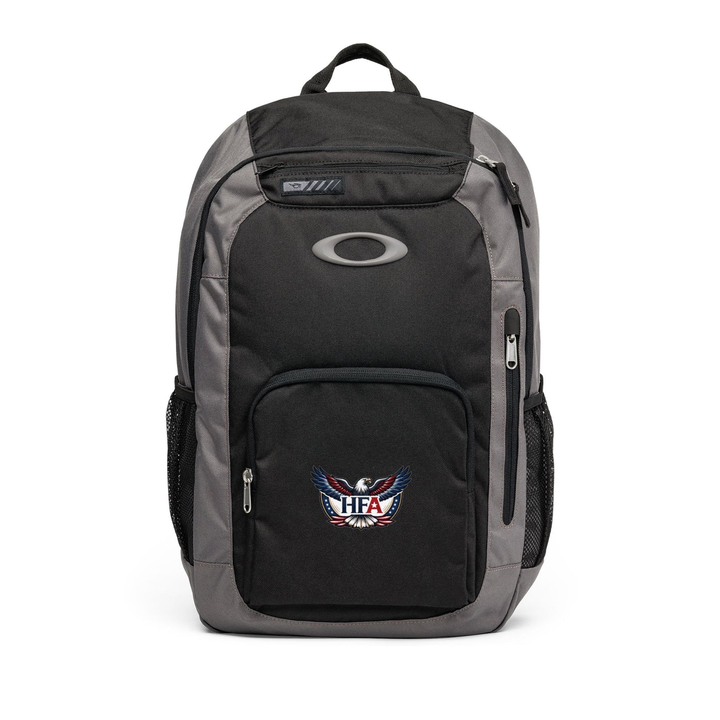 Black and gray backpack with a brand logo on a white background