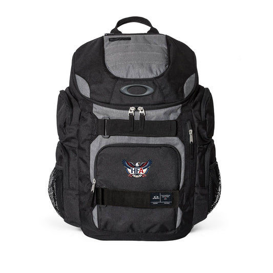 Black and gray backpack with a visible brand logo on a white background