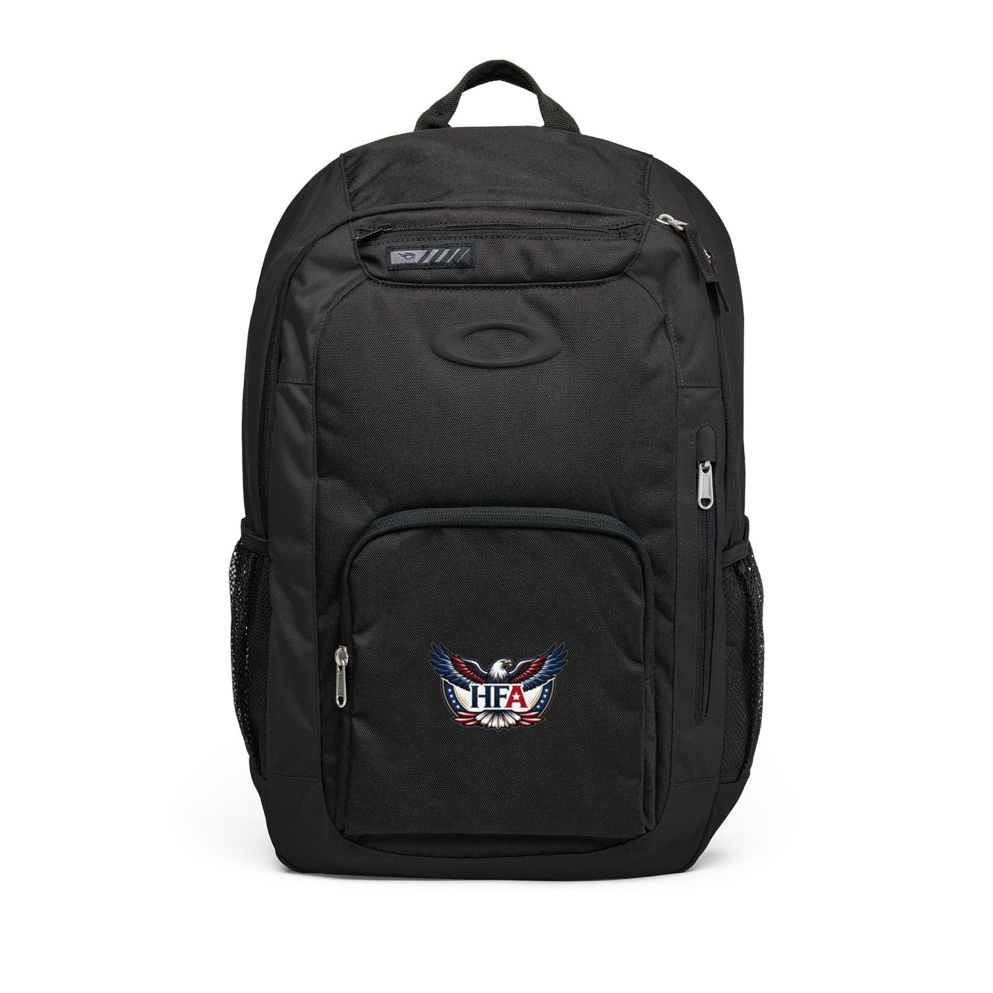 Black backpack with HFA branding on a white background