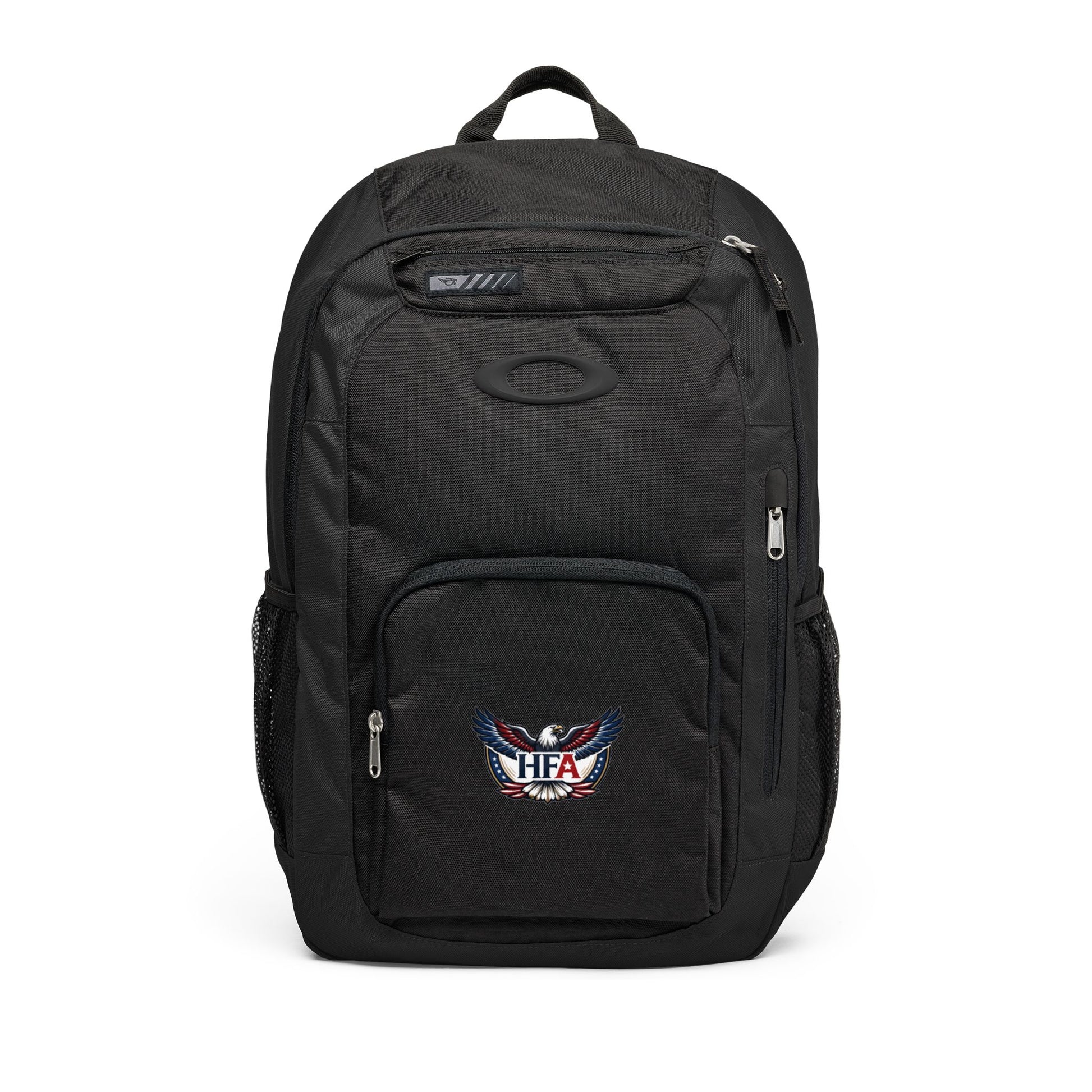 Black backpack with HFA branding on a white background