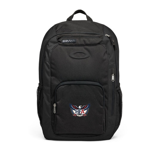 Black backpack with HFA branding on a white background