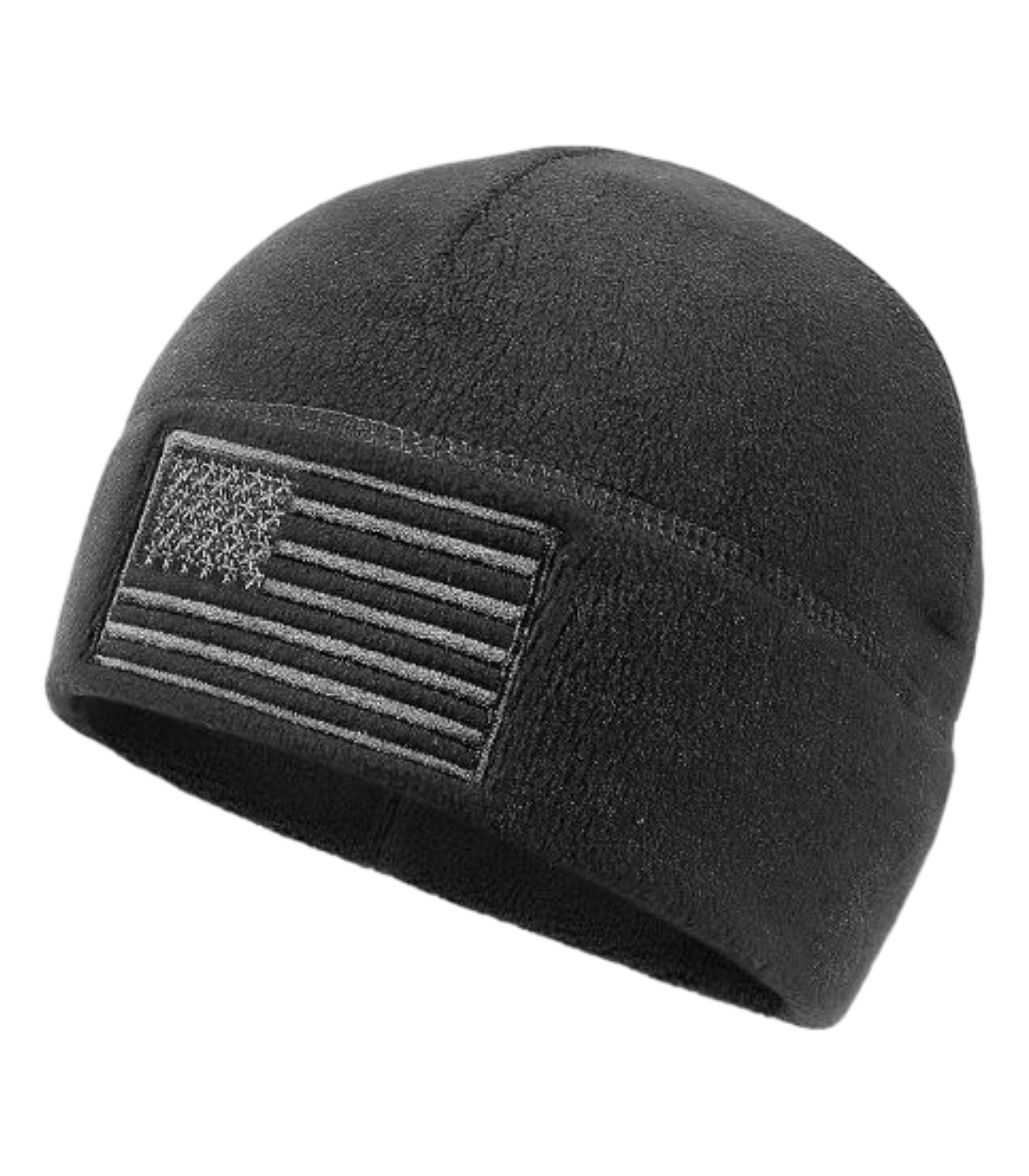 Black beanie with American flag patch on a white background