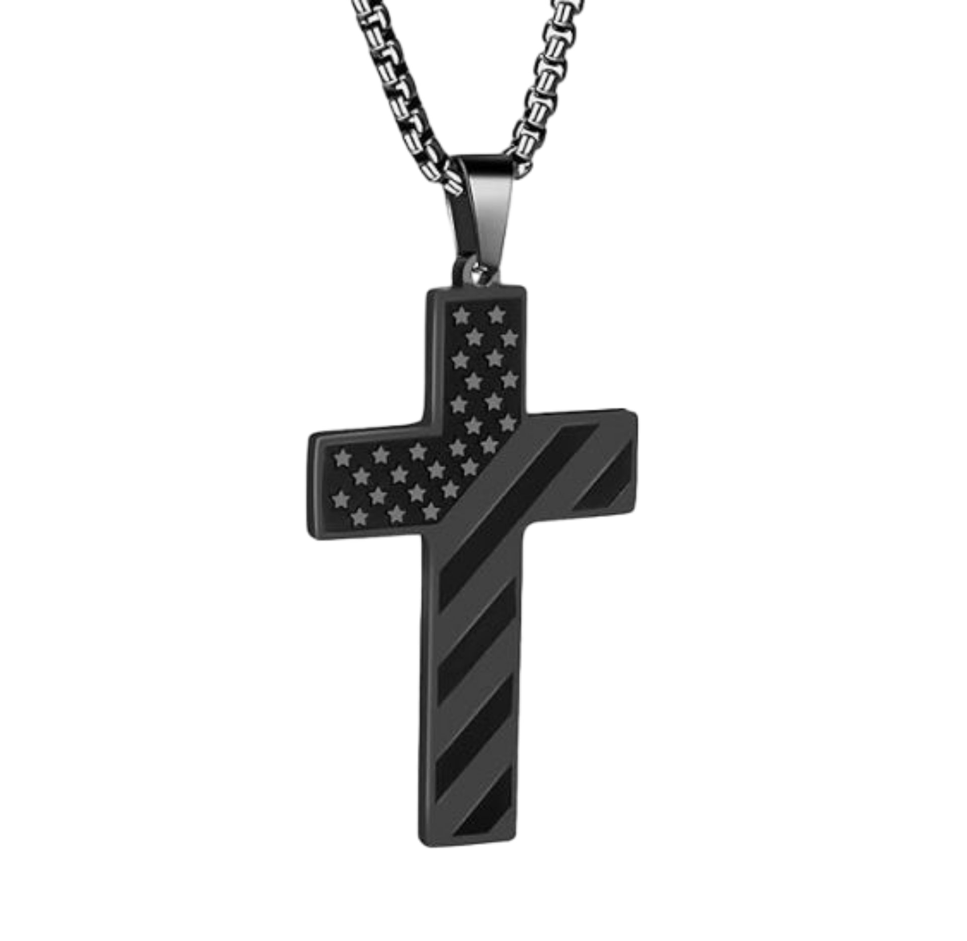 Black cross-shaped pendant with American flag design on a white background