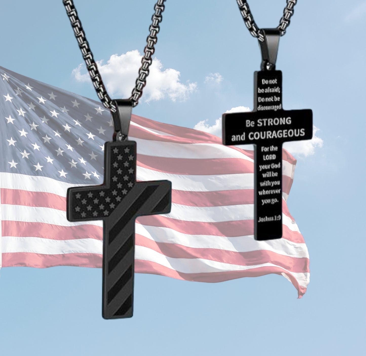 Black cross necklaces with motivational phrases against an American flag background