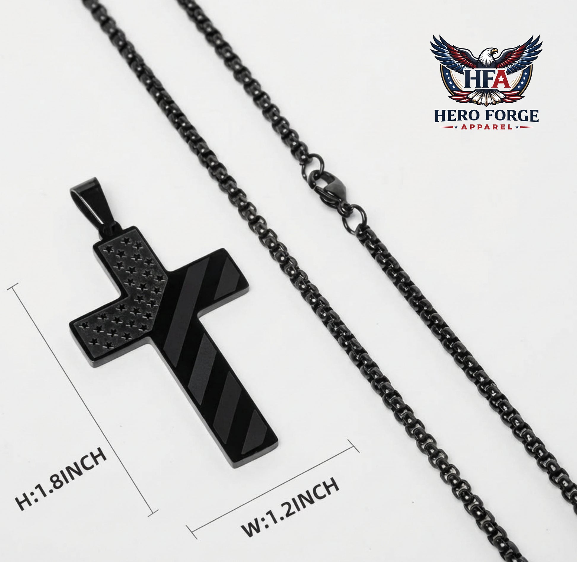 Black cross pendant with chain and dimensions on a white background, featuring the Hero Forge Apparel logo.