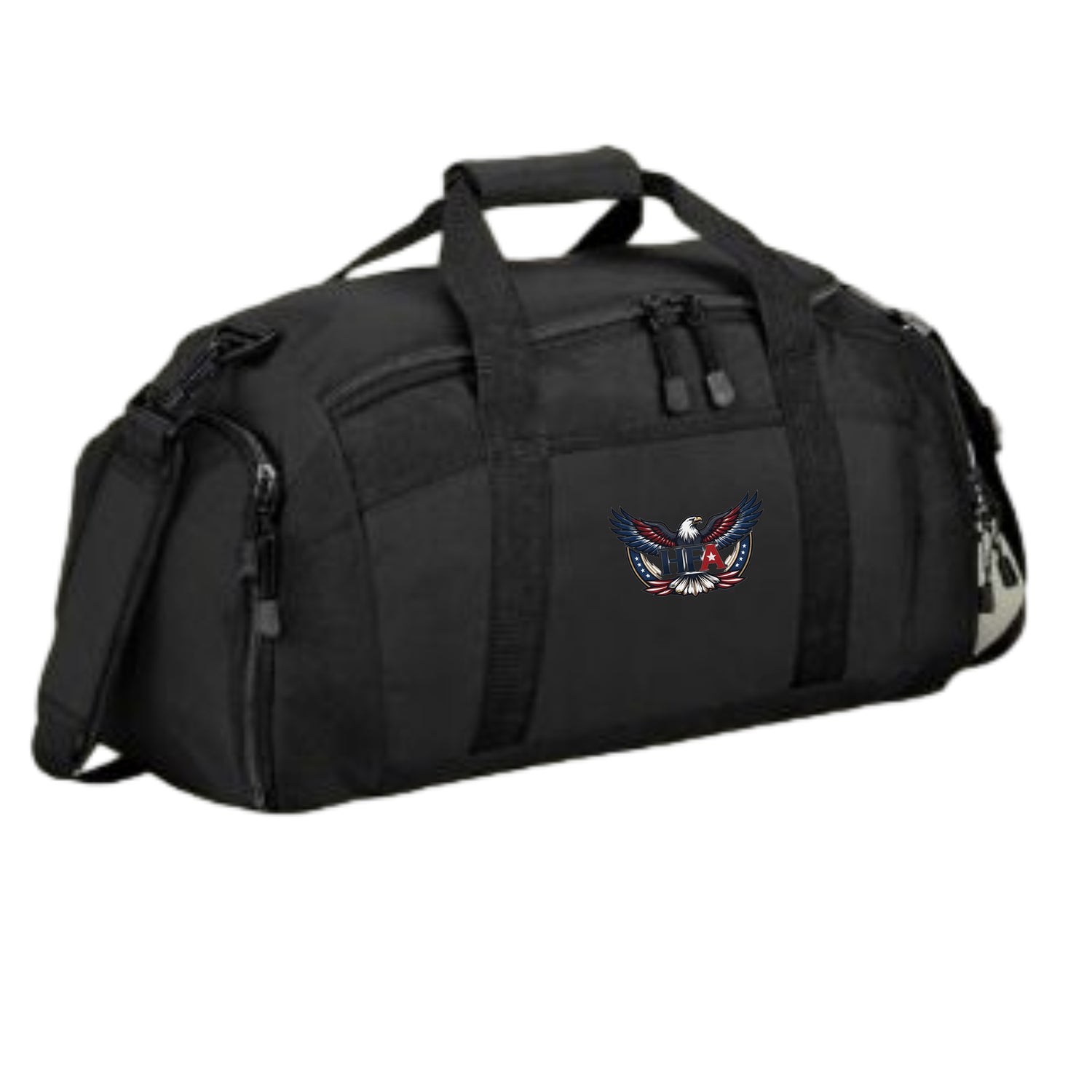 Black duffel bag with a HFA logo on a white background 