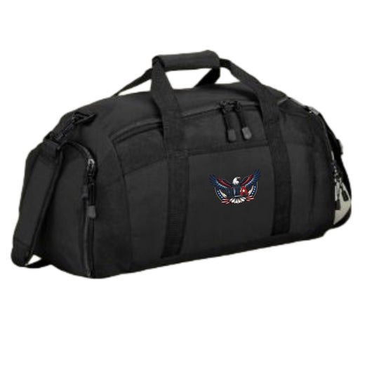 Black duffel bag with a HFA logo on a white background 