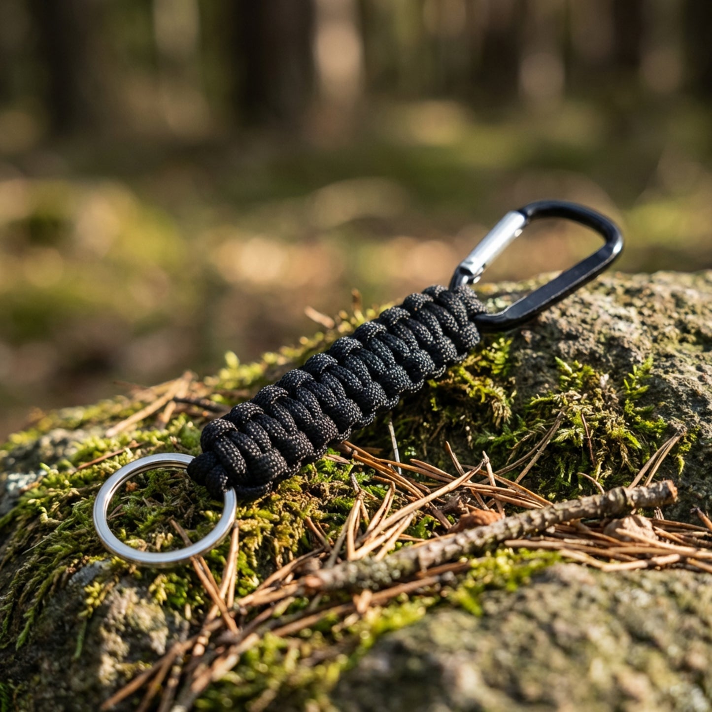 Black paracord keychain with carabiner on a mossy rock in a forest setting