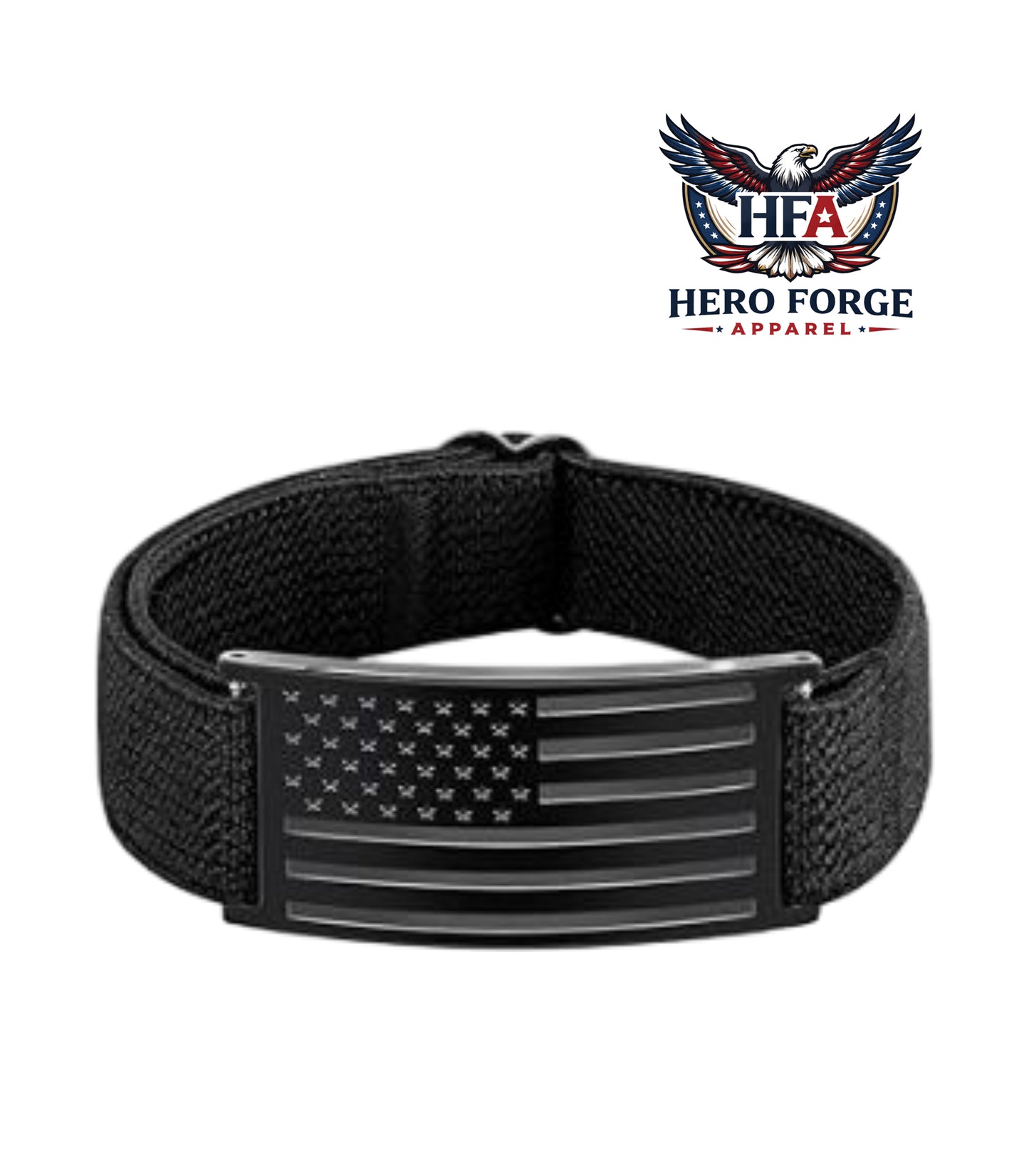 Black wristband with American flag design and Hero Forge Apparel logo on a white background