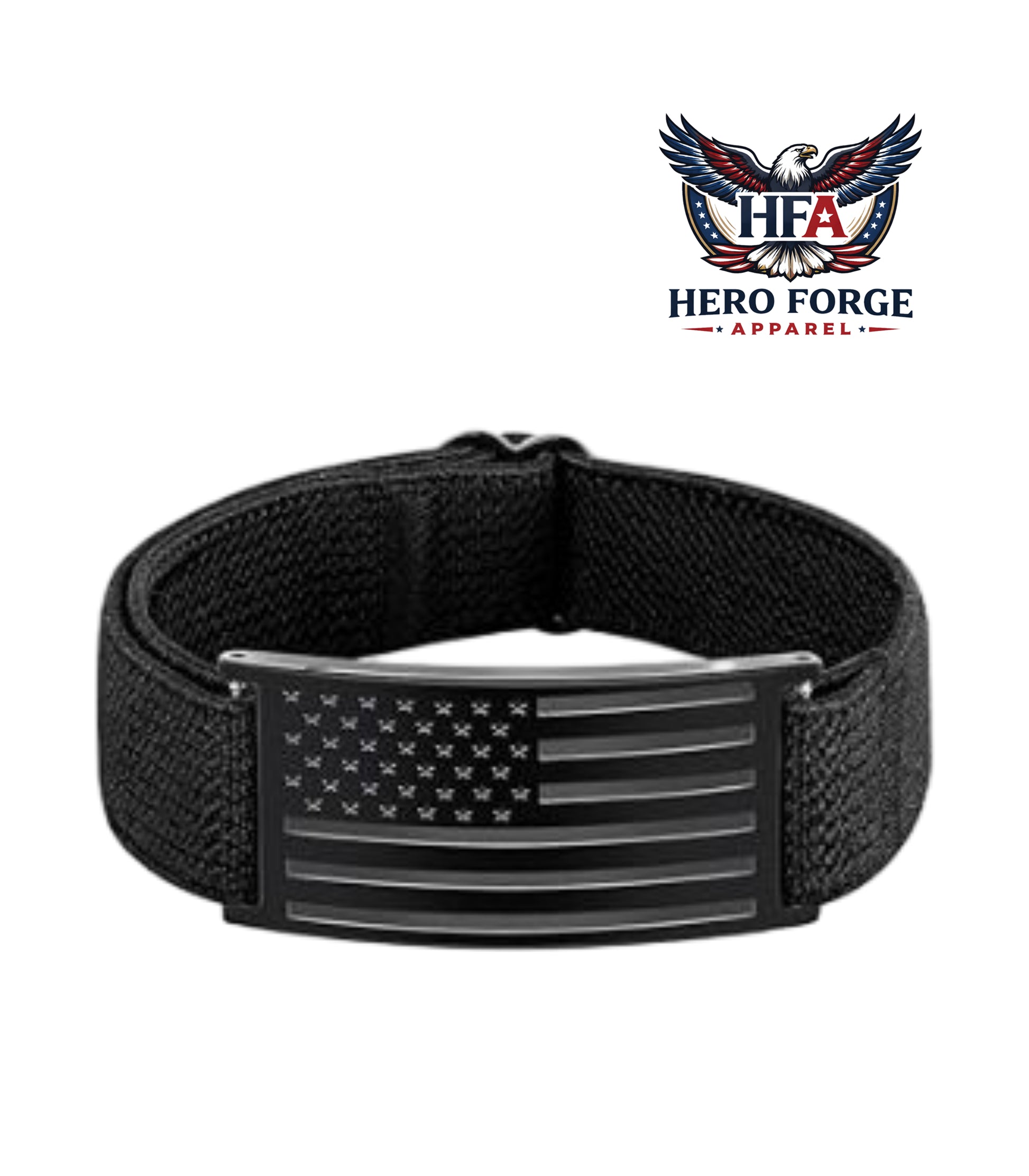 Black wristband with American flag design and Hero Forge Apparel logo on a white background