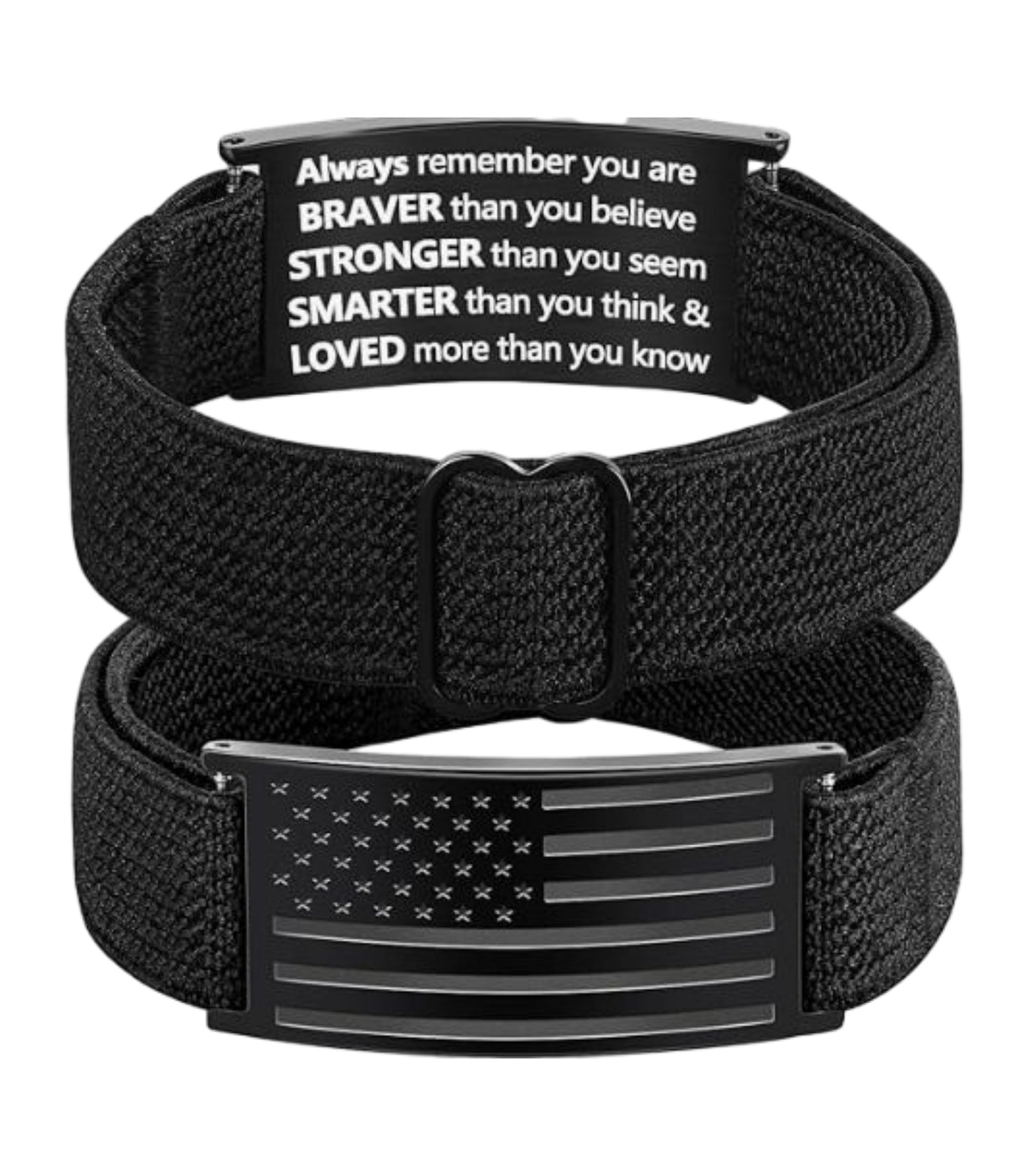 Black wristband with motivational quote and American flag design on buckle