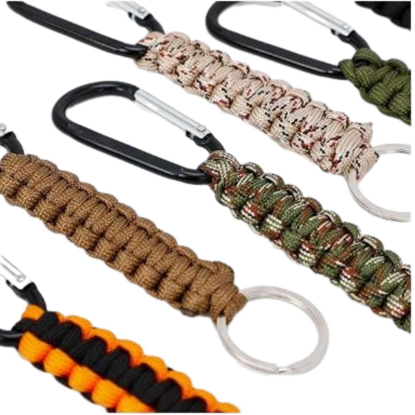 Collection of paracord keychains with carabiners in various colors on a white background