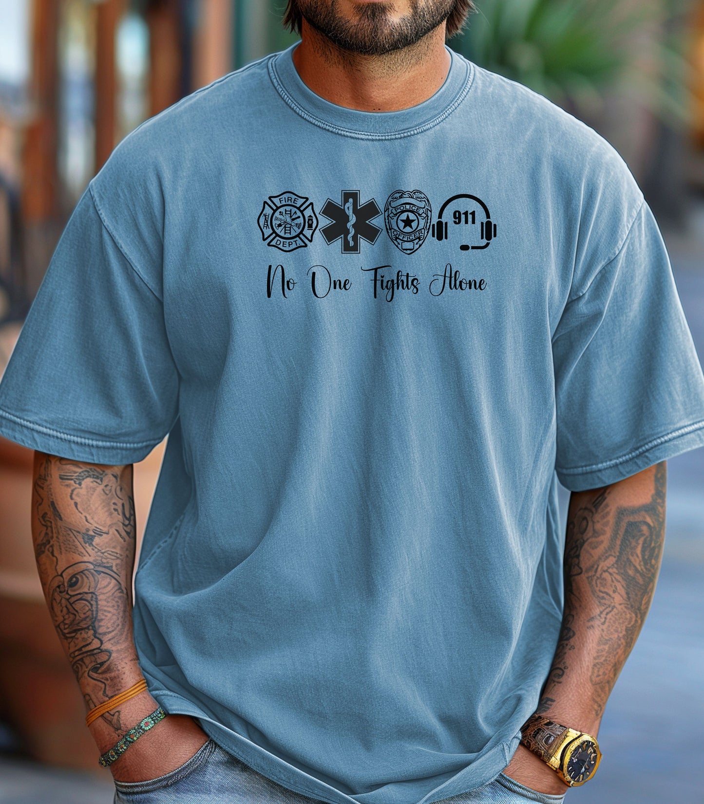 No One Fights Alone First Responder T-Shirt, Firefighter, EMS, Police, and 911 Unity Shirt, We Are Family Tee