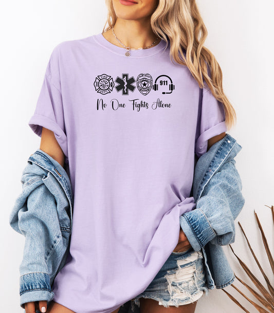 No One Fights Alone First Responder T-Shirt, Firefighter, EMS, Police, and 911 Unity Shirt, We Are Family Tee