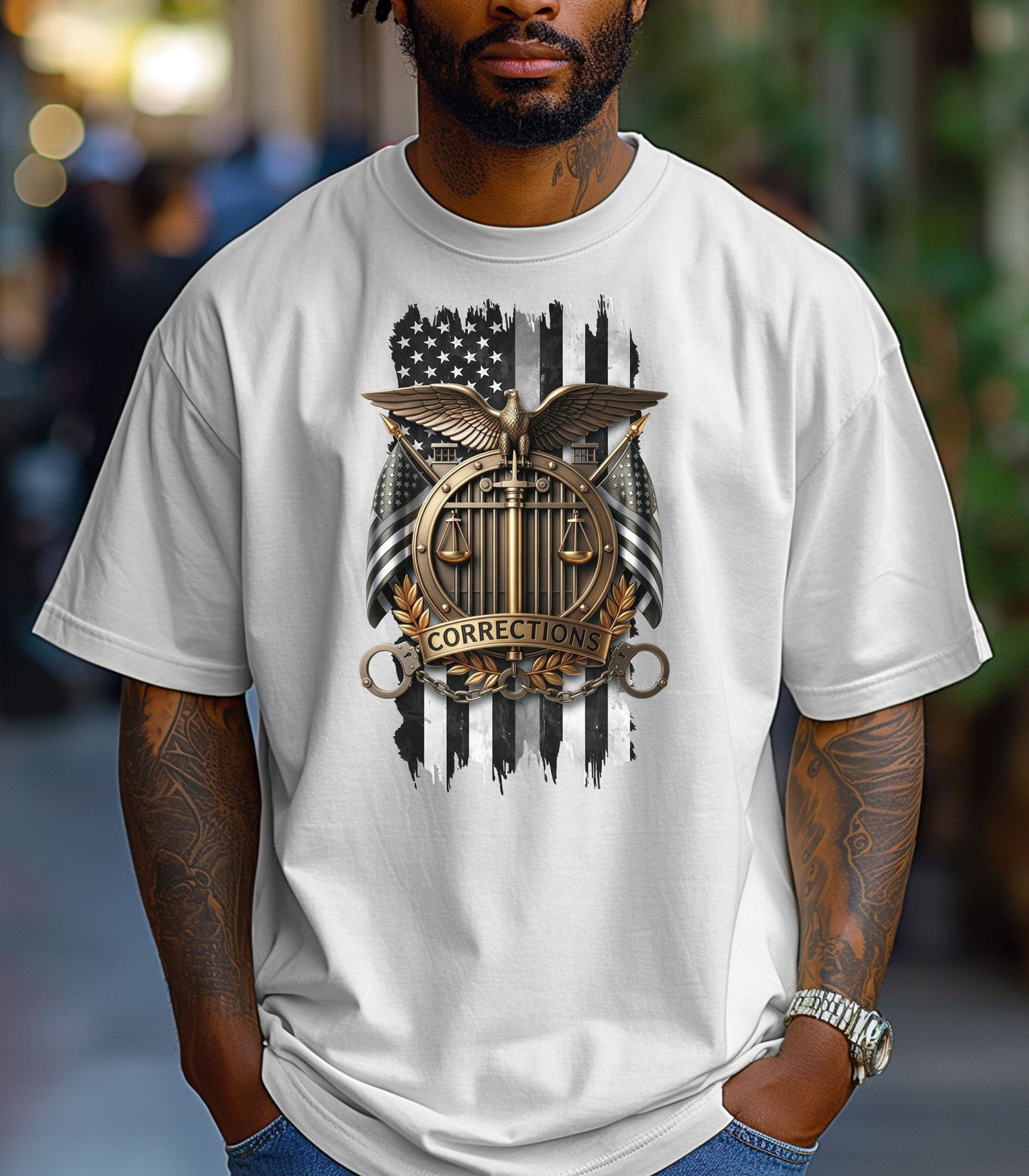 Corrections Officer Shield T-Shirt, American Flag Eagle Justice Badge Tribute