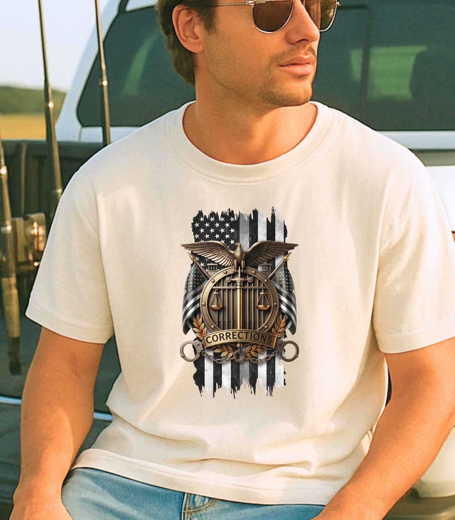 Corrections Officer Shield T-Shirt, American Flag Eagle Justice Badge Tribute