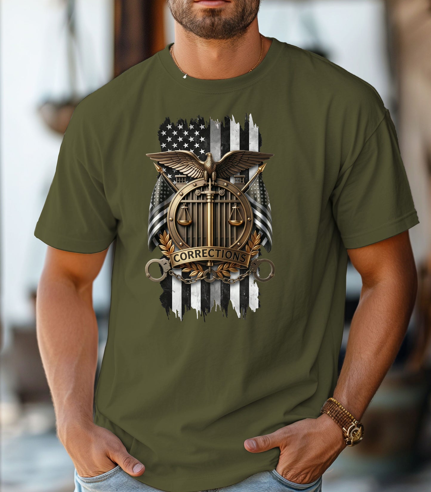 Corrections Officer Shield T-Shirt, American Flag Eagle Justice Badge Tribute