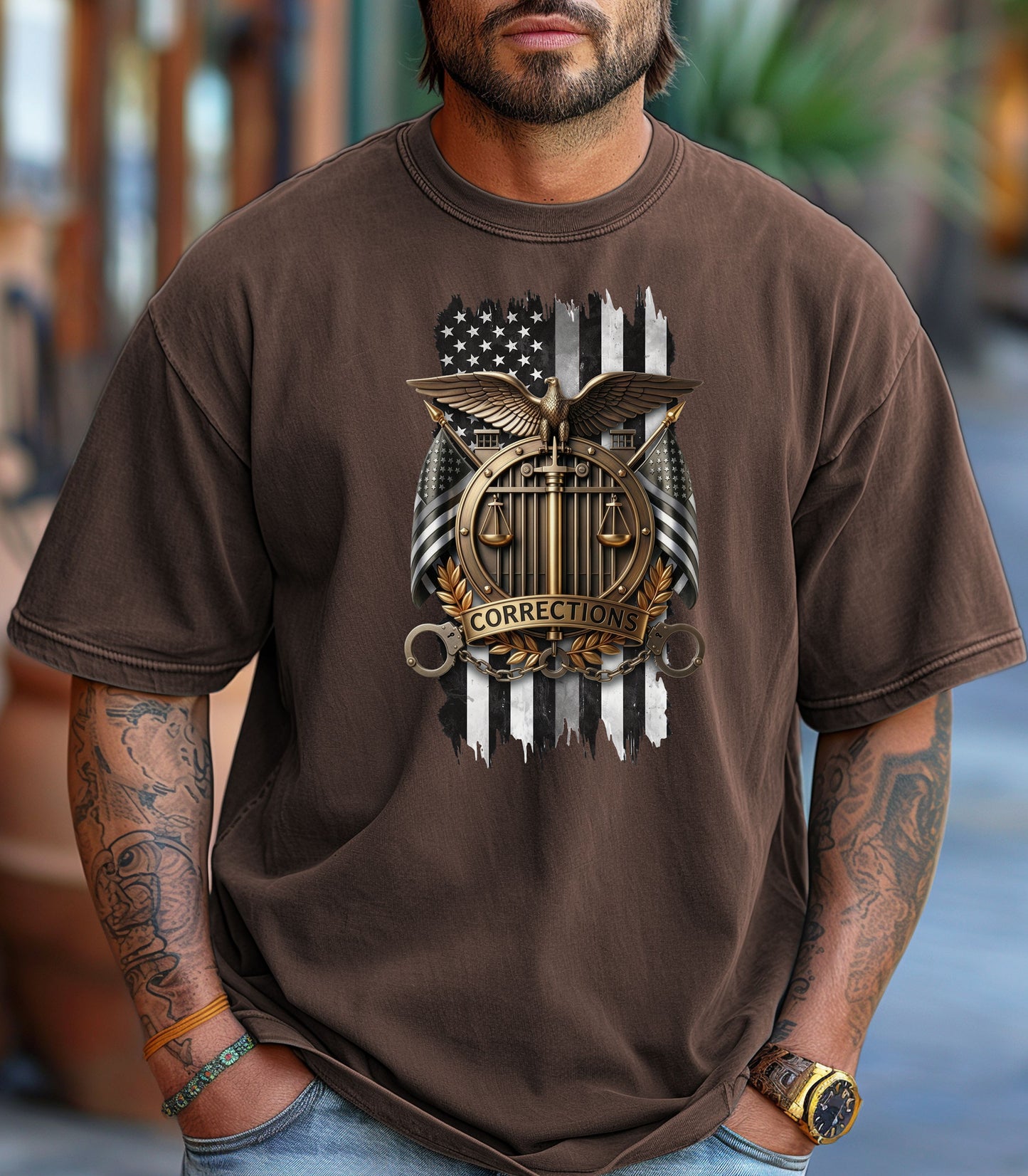 Corrections Officer Shield T-Shirt, American Flag Eagle Justice Badge Tribute