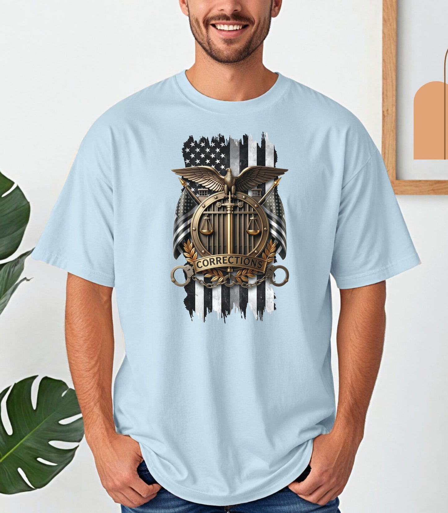 Corrections Officer Shield T-Shirt, American Flag Eagle Justice Badge Tribute