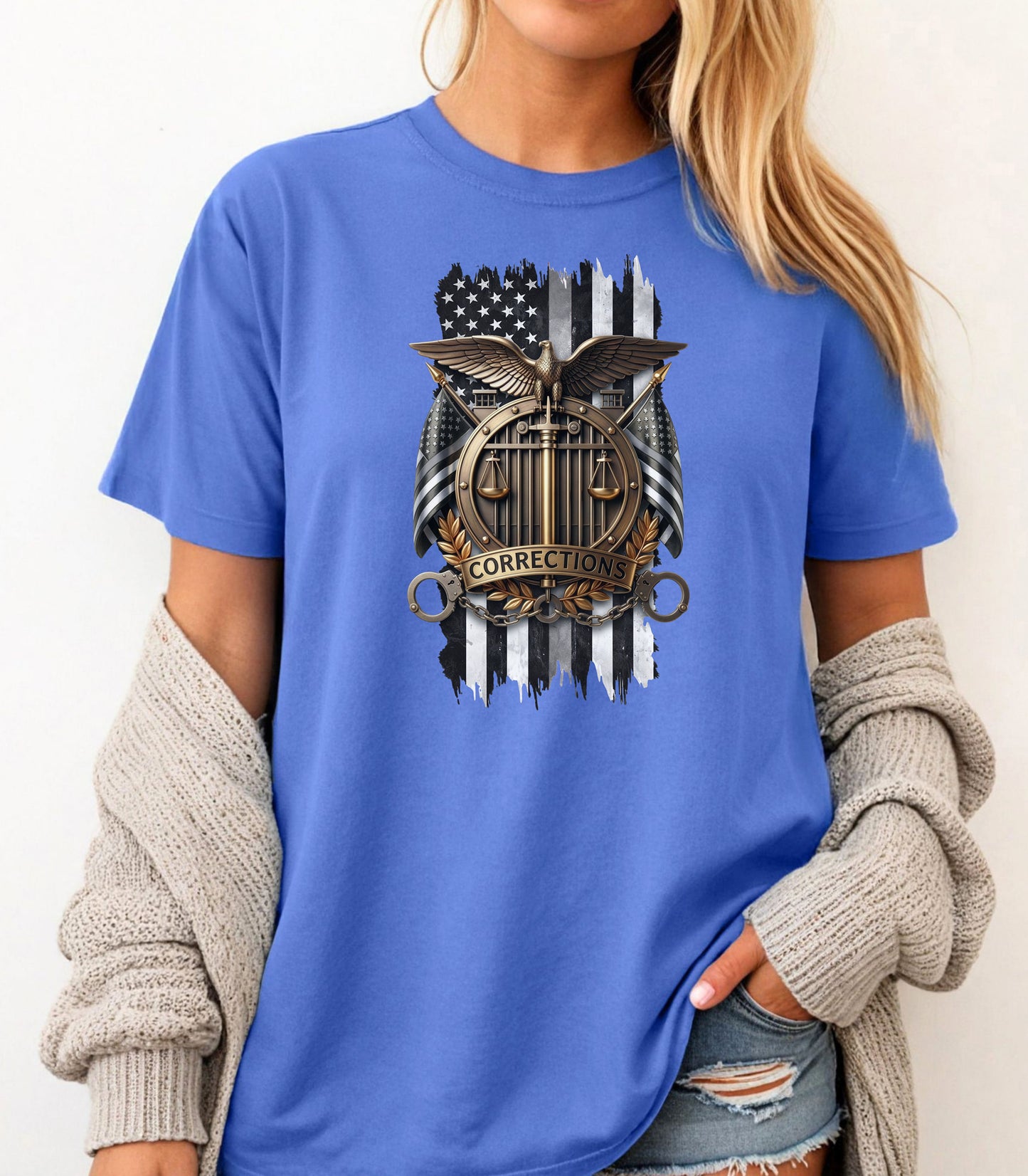 Corrections Officer Shield T-Shirt, American Flag Eagle Justice Badge Tribute