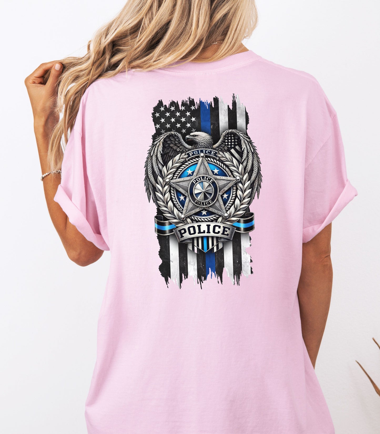 Police Shield Thin Blue Line T-Shirt, American Flag Eagle Law Enforcement Tribute
