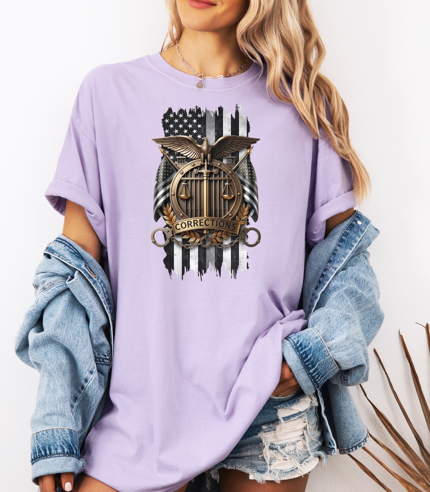 Corrections Officer Shield T-Shirt, American Flag Eagle Justice Badge Tribute
