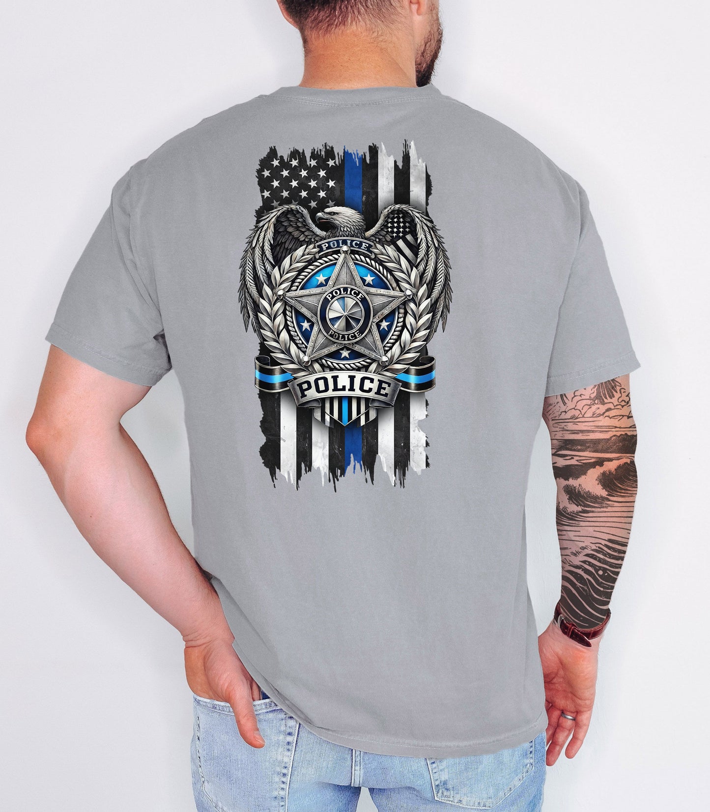 Police Shield Thin Blue Line T-Shirt, American Flag Eagle Law Enforcement Tribute