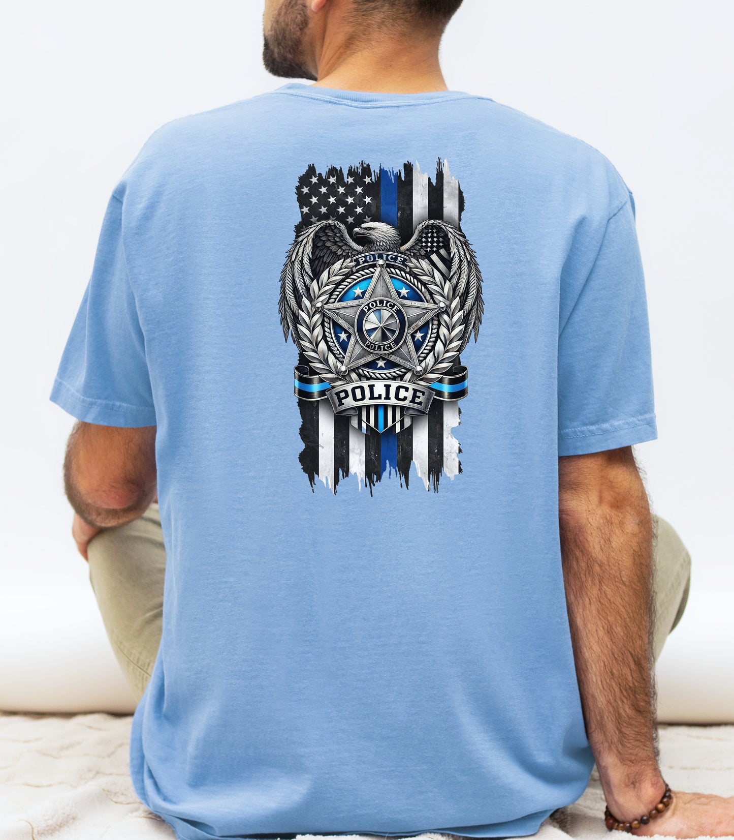 Police Shield Thin Blue Line T-Shirt, American Flag Eagle Law Enforcement Tribute