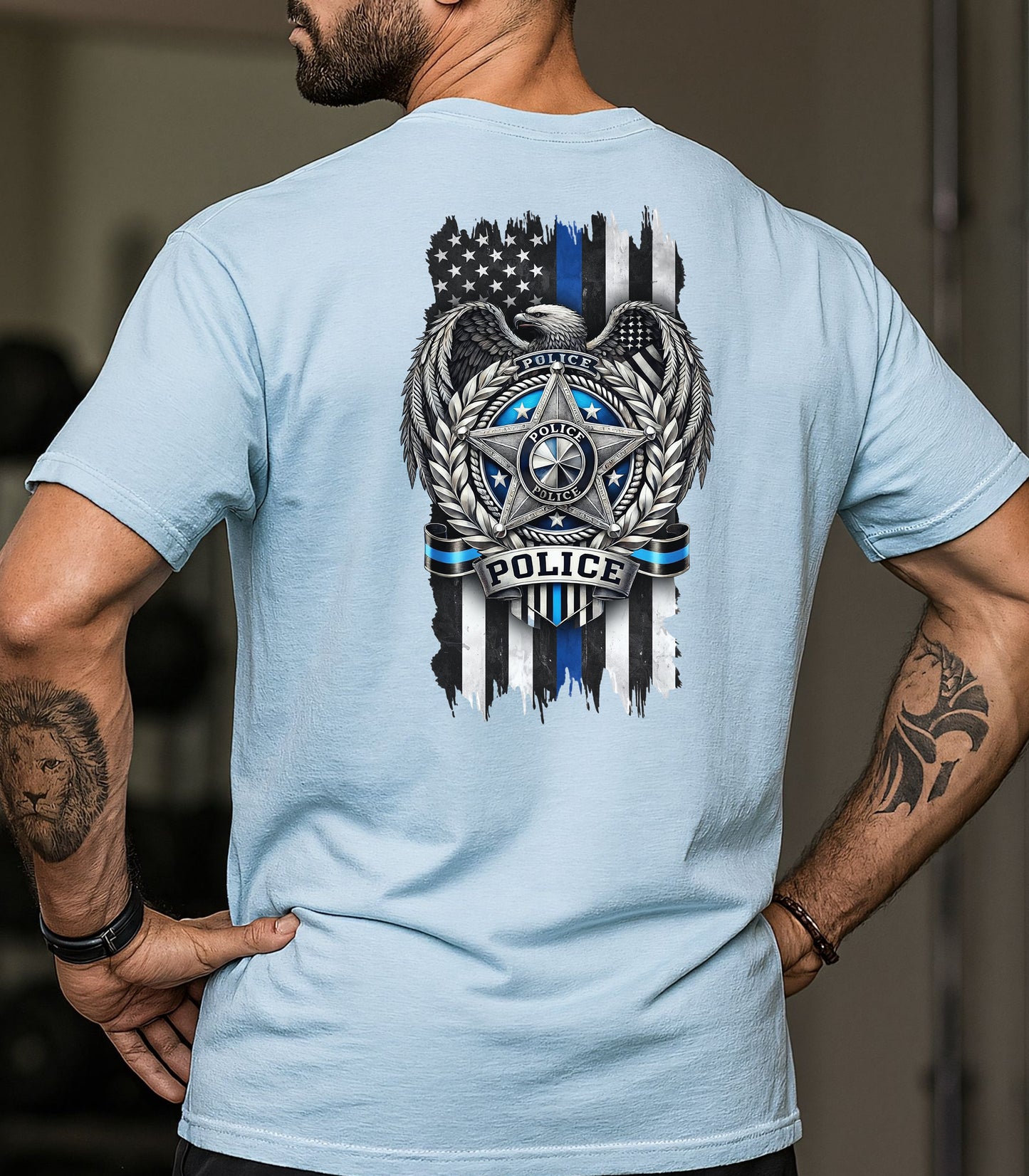 Police Shield Thin Blue Line T-Shirt, American Flag Eagle Law Enforcement Tribute