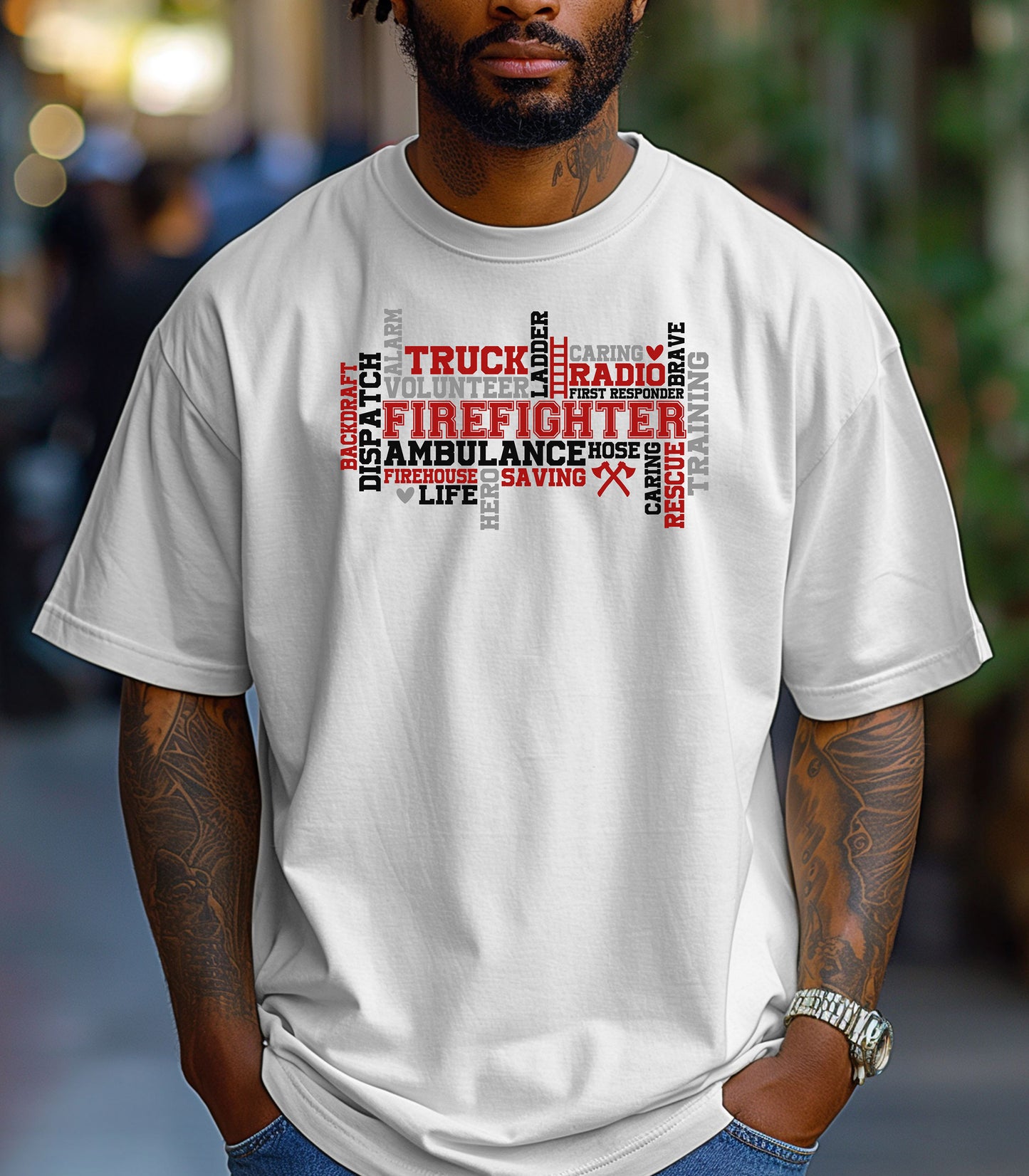 Firefighter Word Art T-Shirt, Courage, Rescue, Volunteer Fireman Tribute Shirt