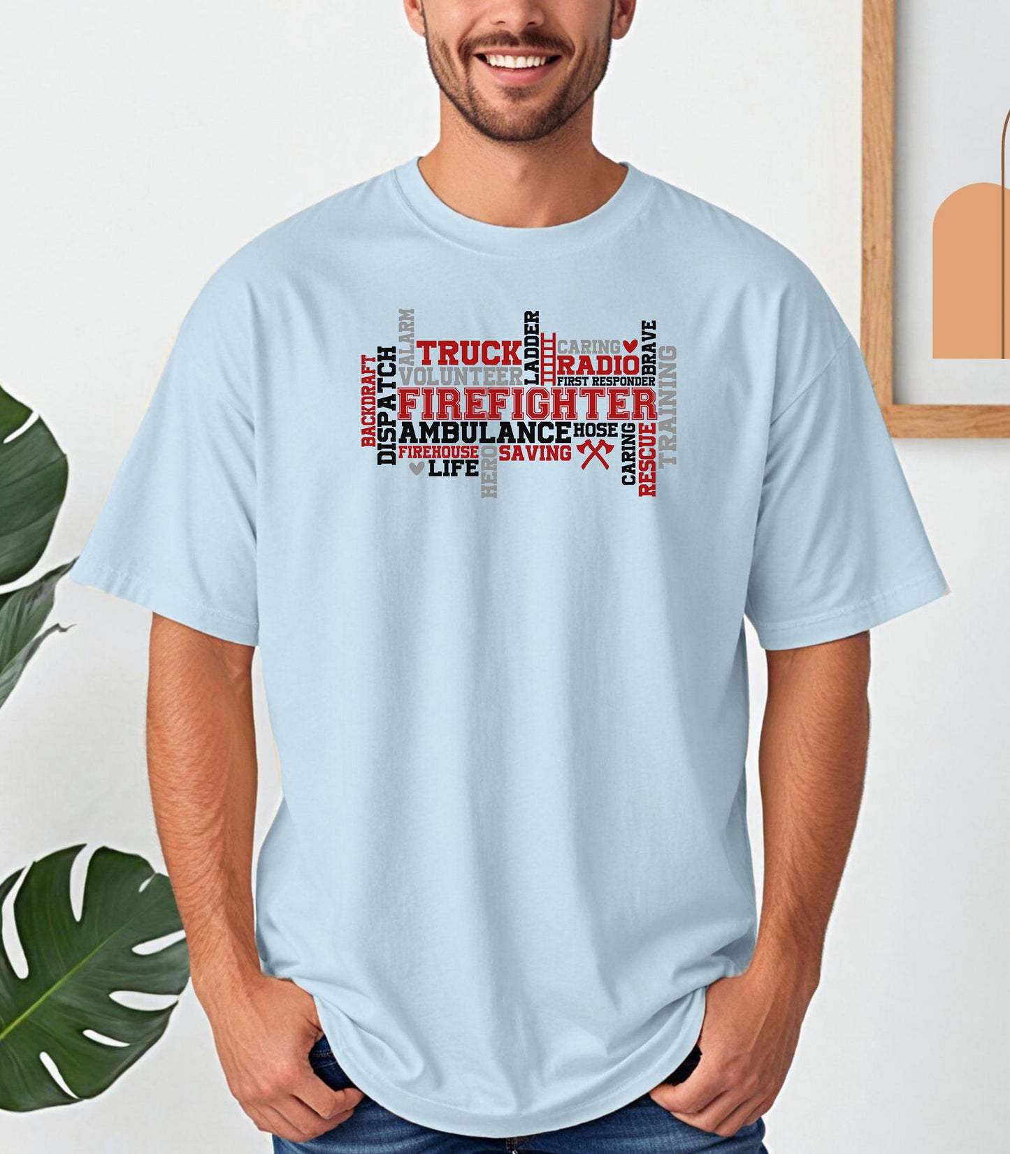Firefighter Word Art T-Shirt, Courage, Rescue, Volunteer Fireman Tribute Shirt