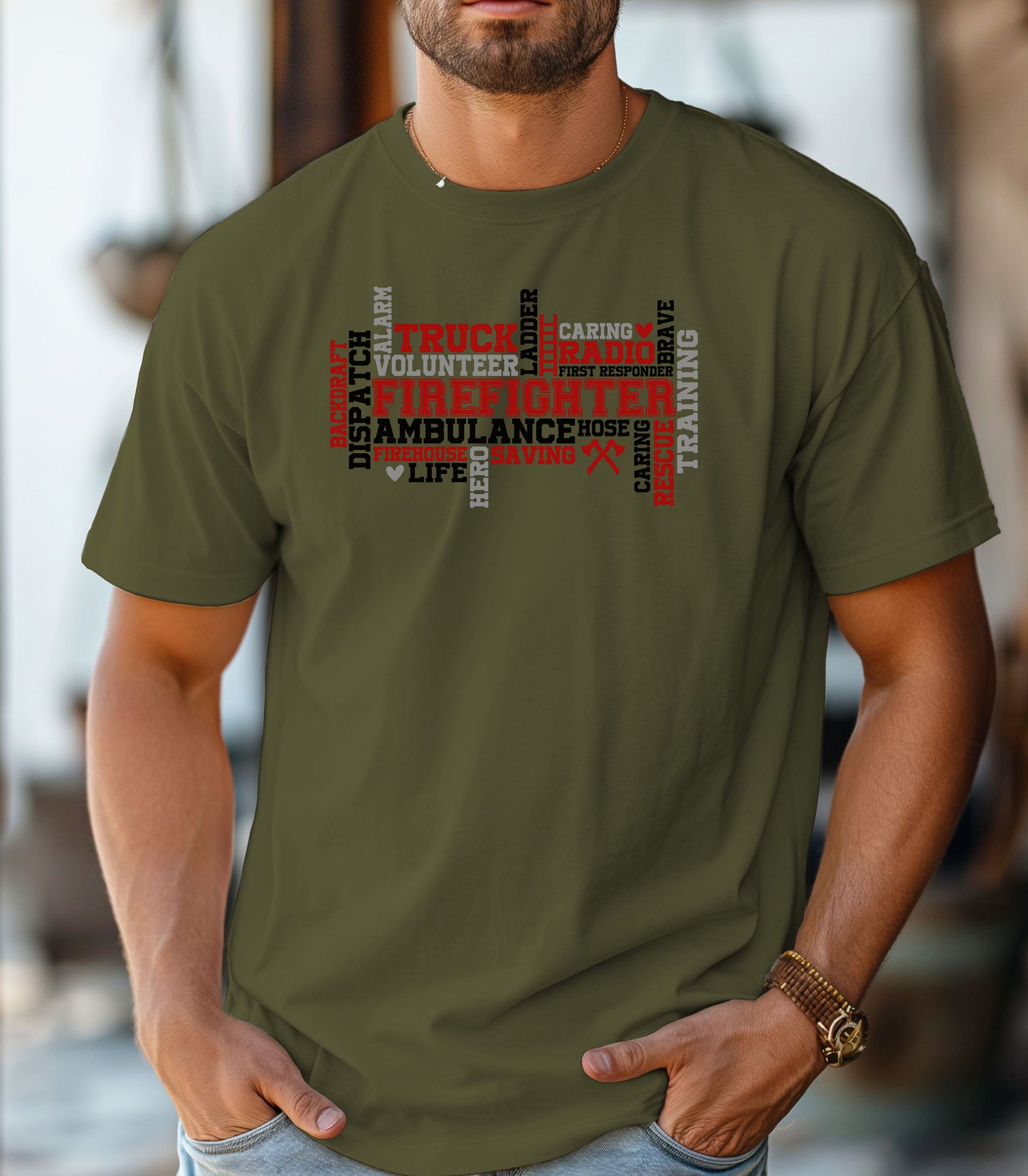 Firefighter Word Art T-Shirt, Courage, Rescue, Volunteer Fireman Tribute Shirt