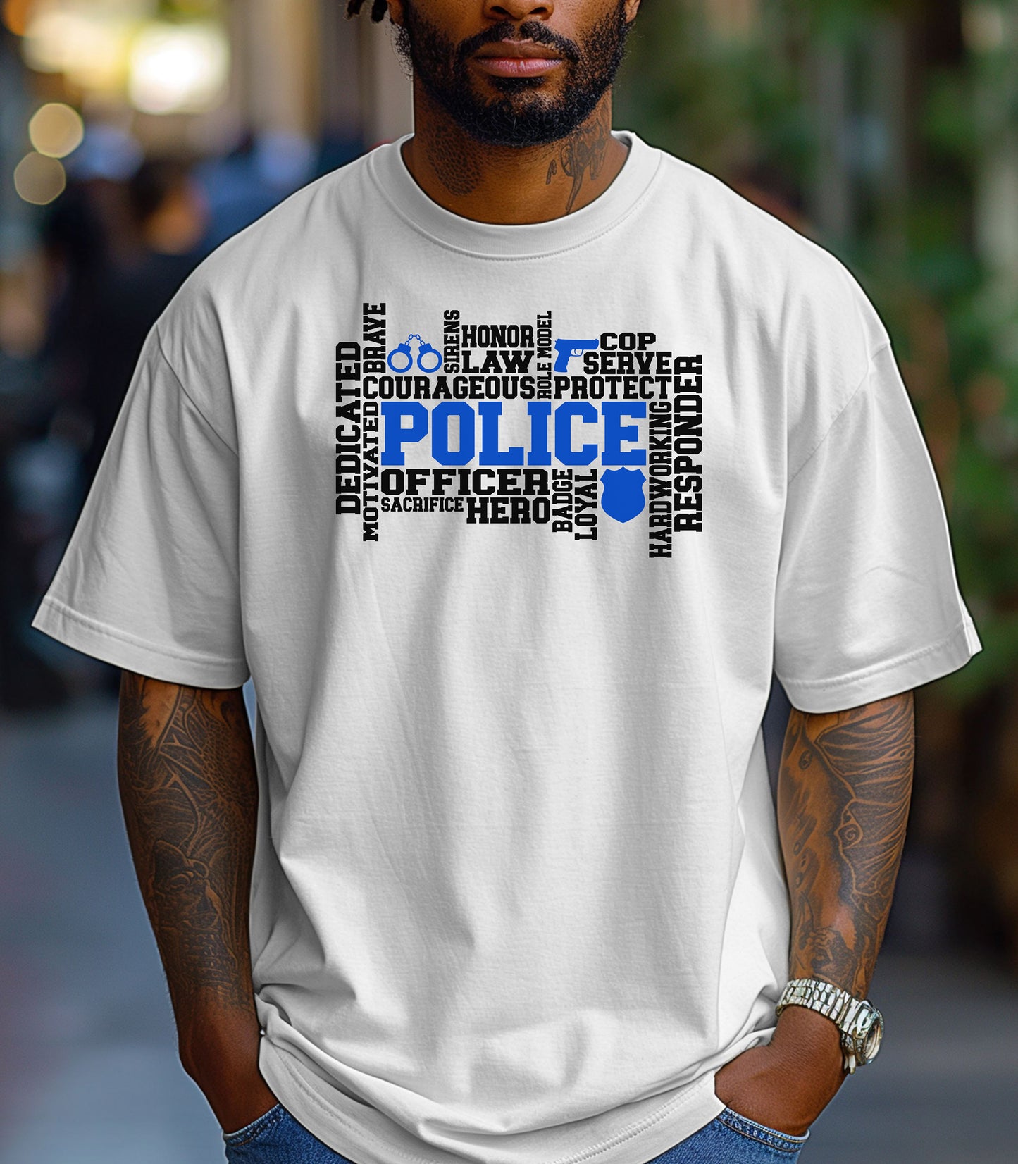 Police Officer Word Art T-Shirt, Dedication, Honor, Courage Law Enforcement Tribute, Thin Blue Line