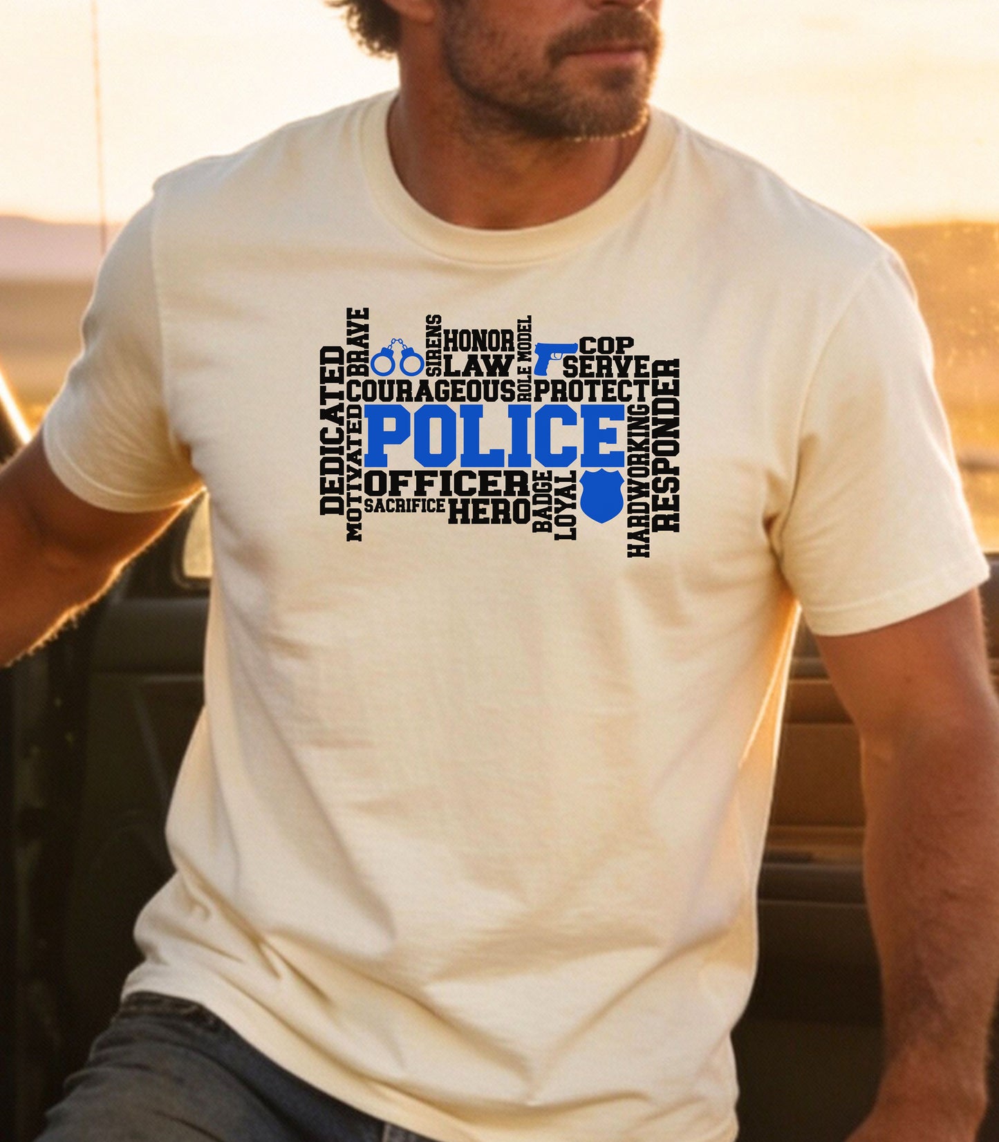 Police Officer Word Art T-Shirt, Dedication, Honor, Courage Law Enforcement Tribute, Thin Blue Line