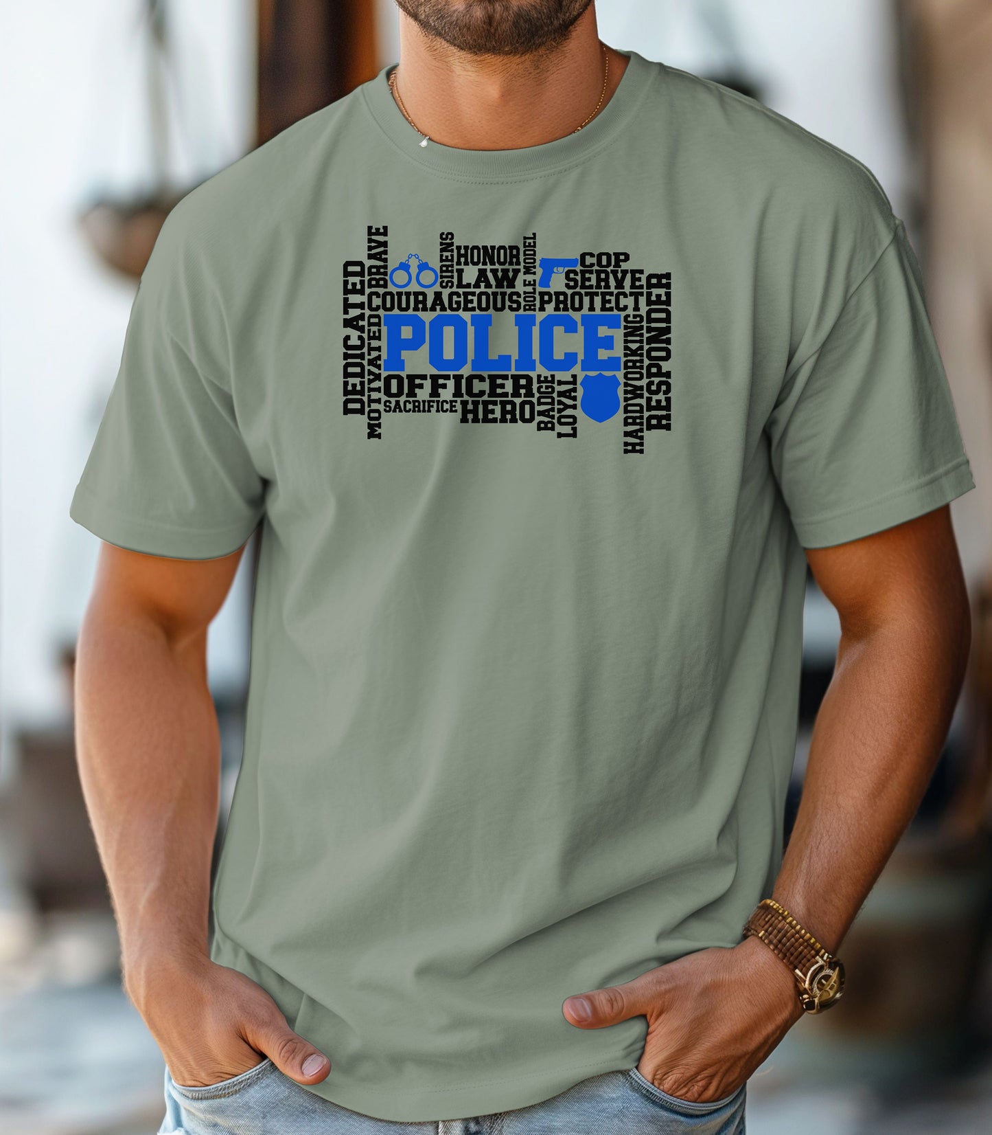 Police Officer Word Art T-Shirt, Dedication, Honor, Courage Law Enforcement Tribute, Thin Blue Line