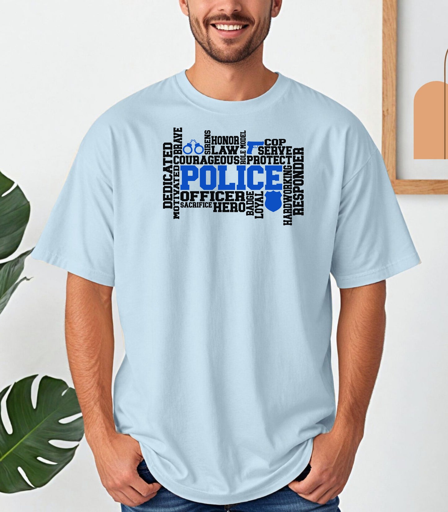 Police Officer Word Art T-Shirt, Dedication, Honor, Courage Law Enforcement Tribute, Thin Blue Line