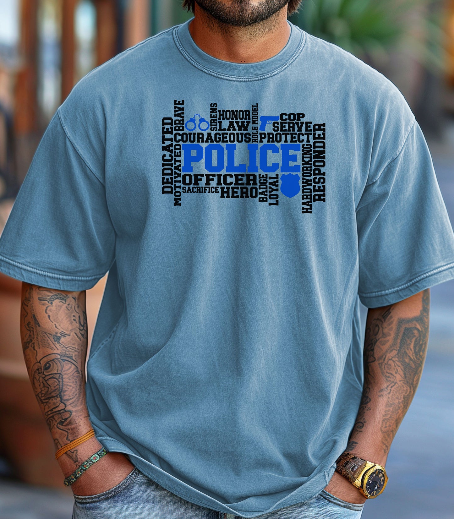 Police Officer Word Art T-Shirt, Dedication, Honor, Courage Law Enforcement Tribute, Thin Blue Line