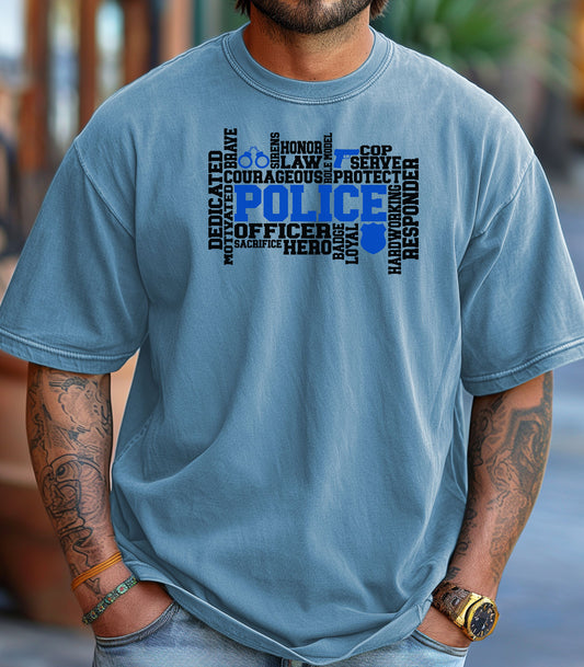 Police Officer Word Art T-Shirt, Dedication, Honor, Courage Law Enforcement Tribute, Thin Blue Line