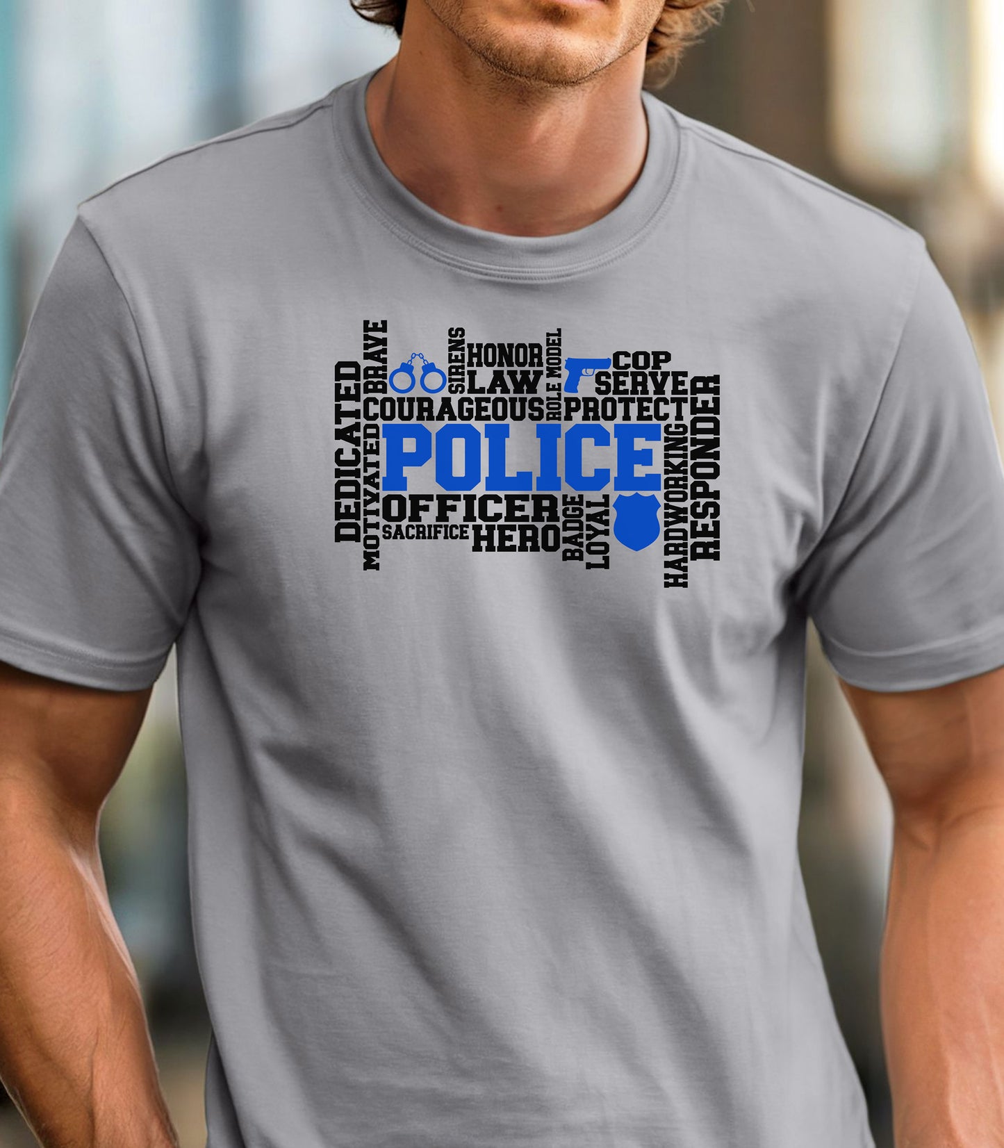 Police Officer Word Art T-Shirt, Dedication, Honor, Courage Law Enforcement Tribute, Thin Blue Line
