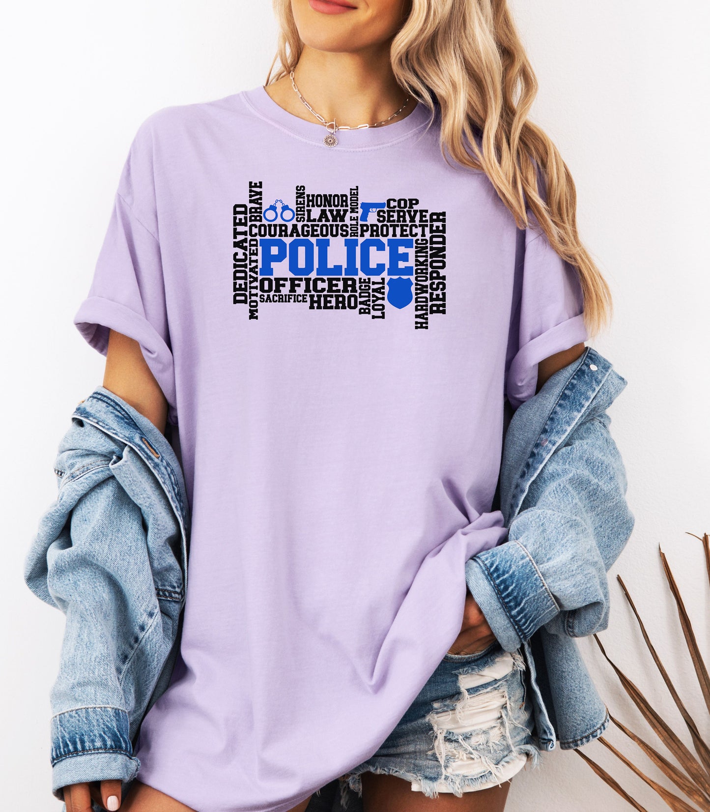 Police Officer Word Art T-Shirt, Dedication, Honor, Courage Law Enforcement Tribute, Thin Blue Line