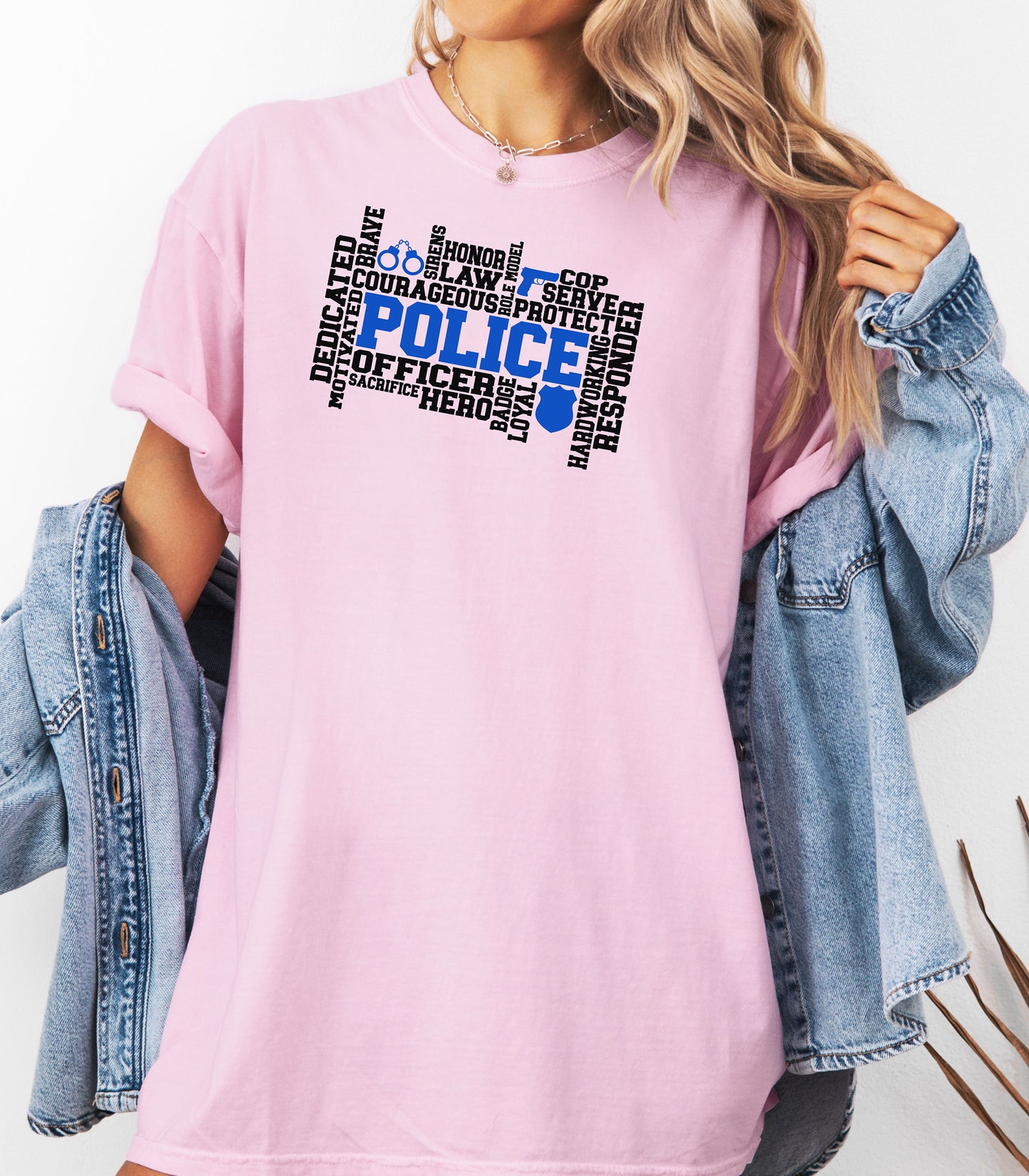 Police Officer Word Art T-Shirt, Dedication, Honor, Courage Law Enforcement Tribute, Thin Blue Line