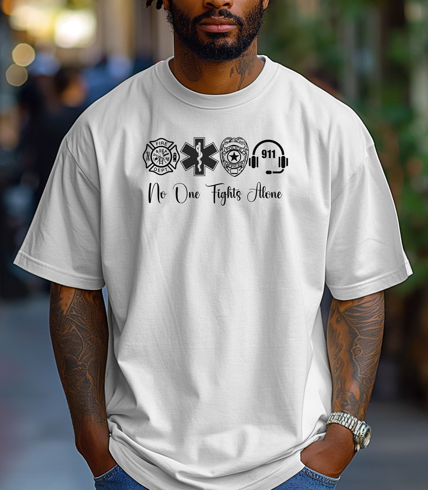 No One Fights Alone First Responder T-Shirt, Firefighter, EMS, Police, and 911 Unity Shirt, We Are Family Tee