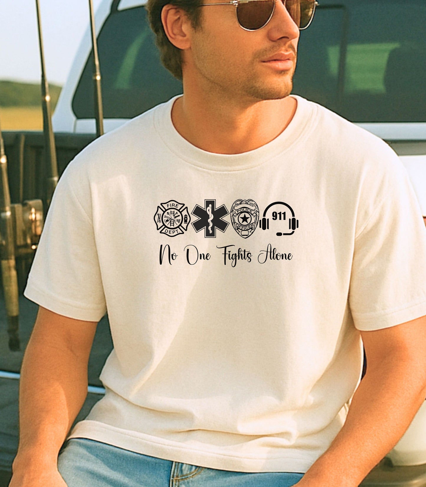 No One Fights Alone First Responder T-Shirt, Firefighter, EMS, Police, and 911 Unity Shirt, We Are Family Tee