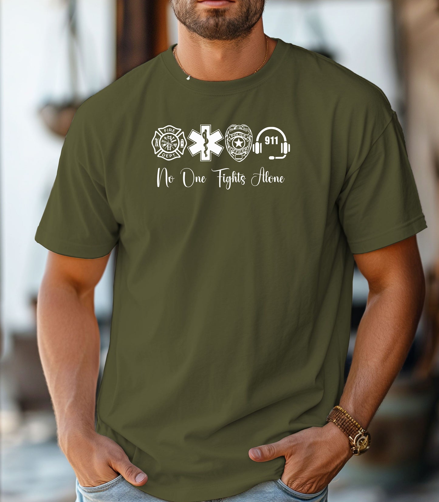 No One Fights Alone First Responder T-Shirt, Firefighter, EMS, Police, and 911 Unity Shirt, We Are Family Tee