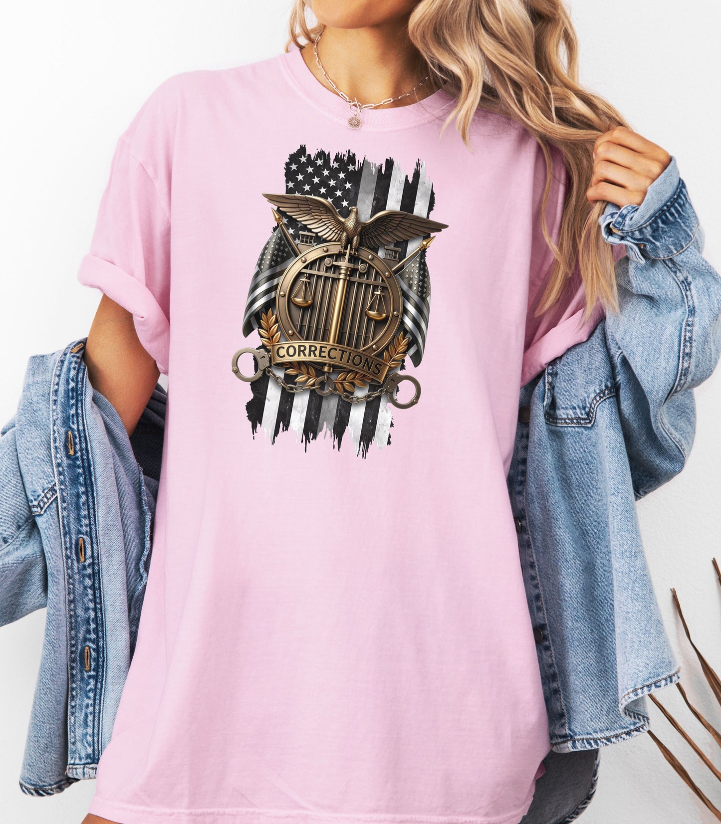 Corrections Officer Shield T-Shirt, American Flag Eagle Justice Badge Tribute
