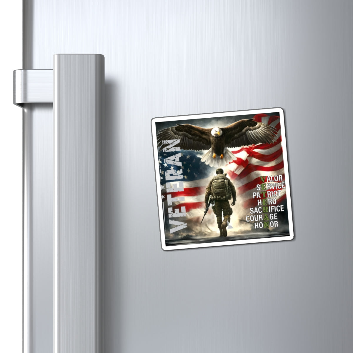 Fridge magnet with an American flag, eagle, and soldier on a metallic refrigerator.